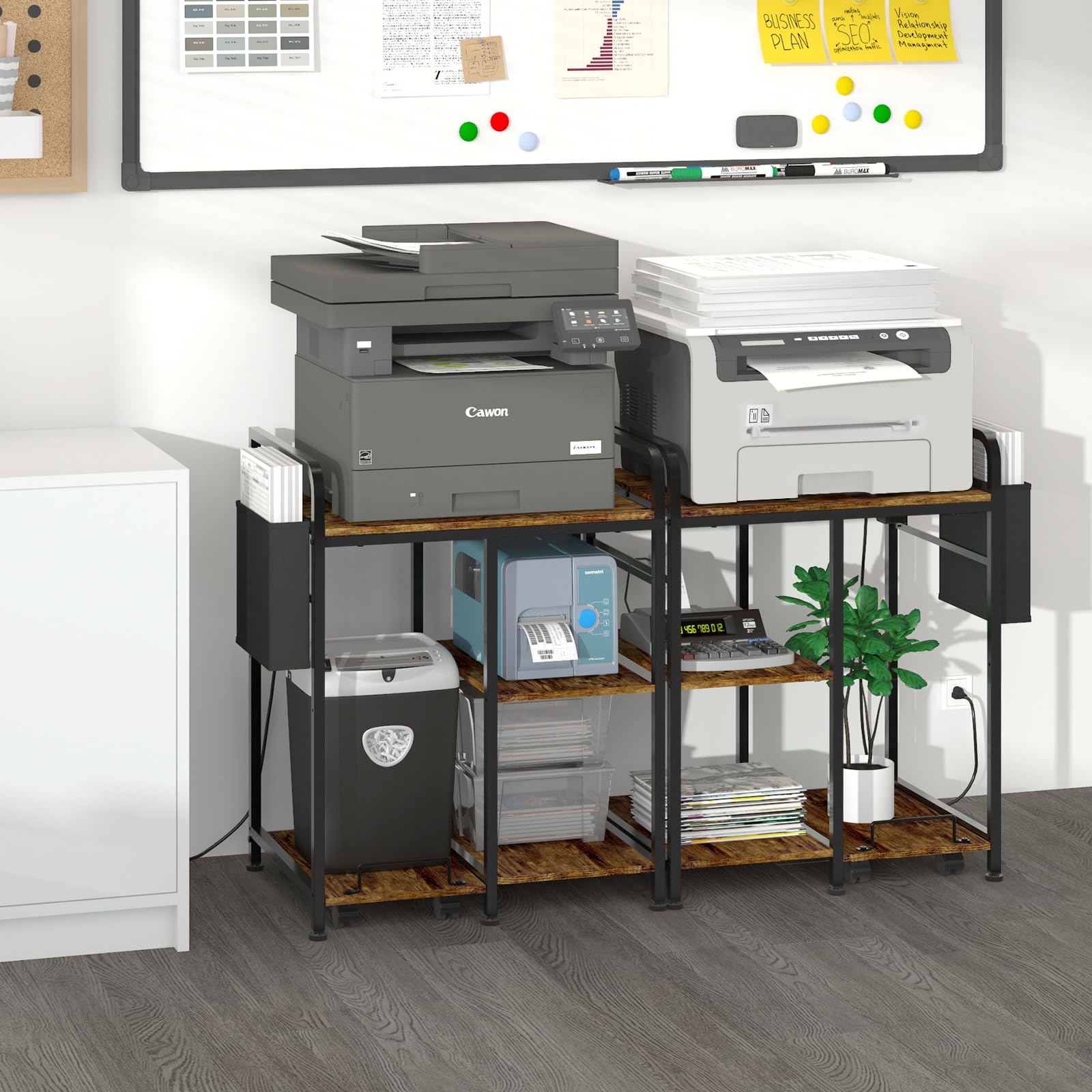 Soporte de impresora para el hogar con estación de carga, 24 x 18 pulgadas para impresora grande, soporte triturador de impresora con almacenamiento para oficina en casa, mesa para máquina de 6