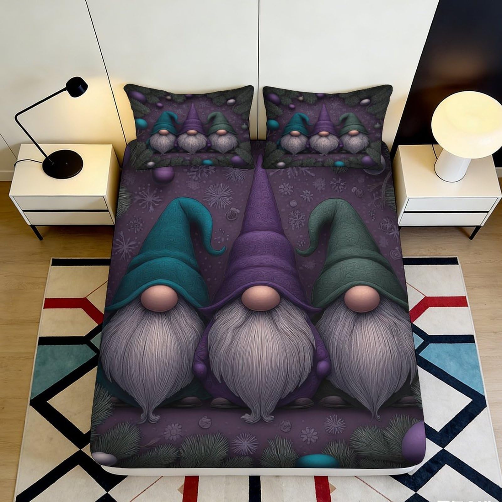 3D Printed Nordic Gnome Fitted Sheet Microfiber Soft Purple Green Christmas Elf Mattress Cover Bedroom Decor 140x200x25cm