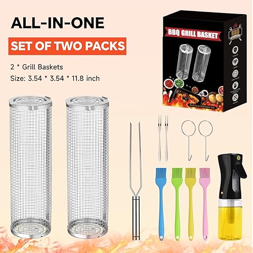 Miniatura 6 de Cesta de parrilla de 2 piezas, cesta para parrilla de barbacoa, canasta rodante para parrilla, accesorios de parrilla de malla de acero inoxidable,