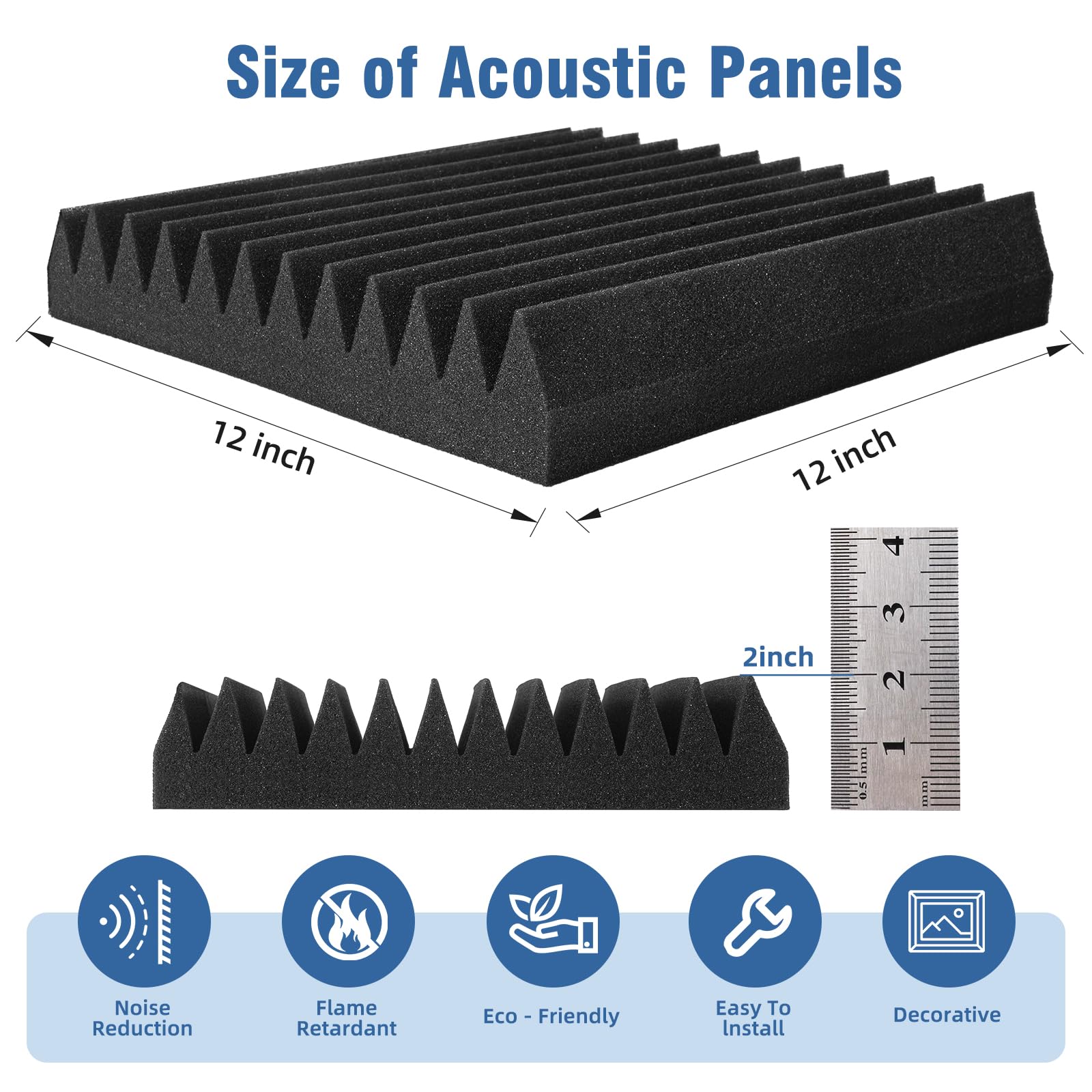 Paneles acústicos de espuma para paredes, paneles de absorción de sonido, paneles insonorizados de alta densidad resistentes al fuego para grabación de estudio, 2 x 12 x 12 pulgadas (color negro,