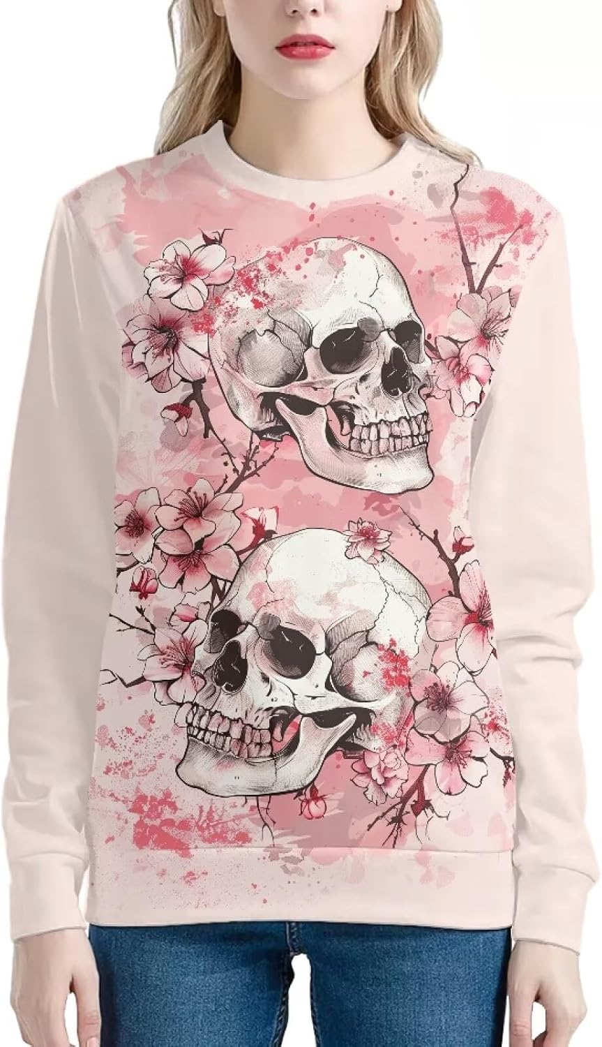ELEZIDI Cherry Blossom Skull Sweatshirts - Women's Size 3XL Trendy Oversized Long Sleeve Crew Neck Graphic Tees - Lightweight Fall & Winter Clothes 2024