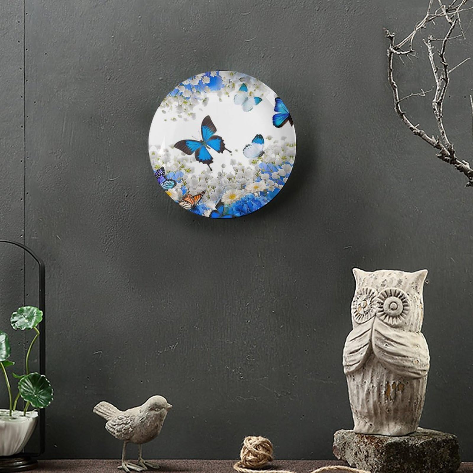Piatti decorativi, 20,3 cm, con fiore e farfalla, piastra rotonda da tavolo, decorazione da tavolo con supporto, per appendere alla parete, soggiorno, bagno, decorazione regalo
