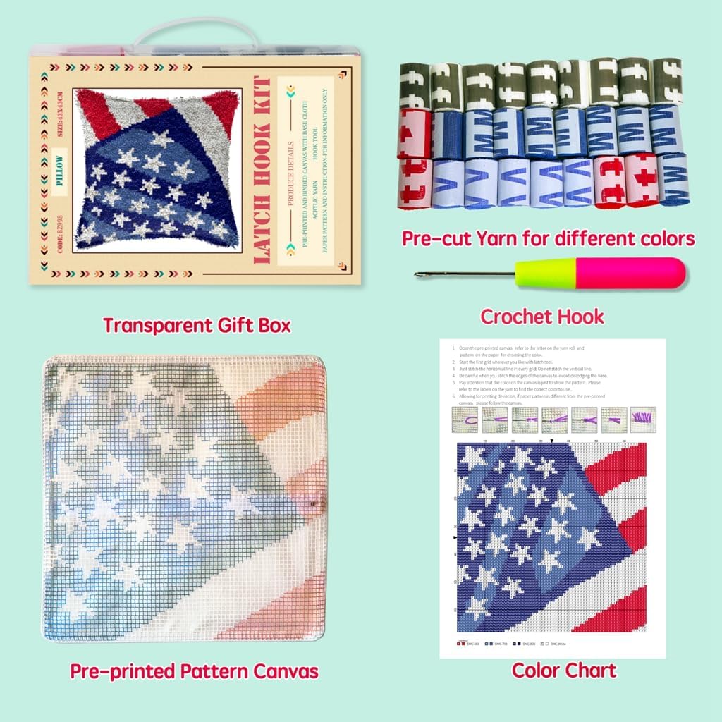 DL-YTG Latch Hook Kits Pillow National Flag Crochet Yarn Cushion Colour Printed Canvas Rug Needlework DIY Pillowcase Hook and Latch Kit Arts Crafts Christmas Home Sofa Decoration 42x42cm/16X16in