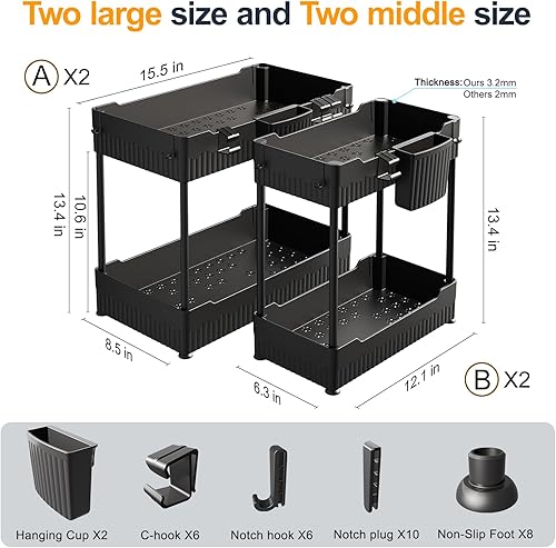 Miniatura 10 de Sevenblue Paquete de 2 organizadores y almacenamiento dobles deslizantes debajo del fregadero, 2 niveles debajo del gabinete del baño, organizador