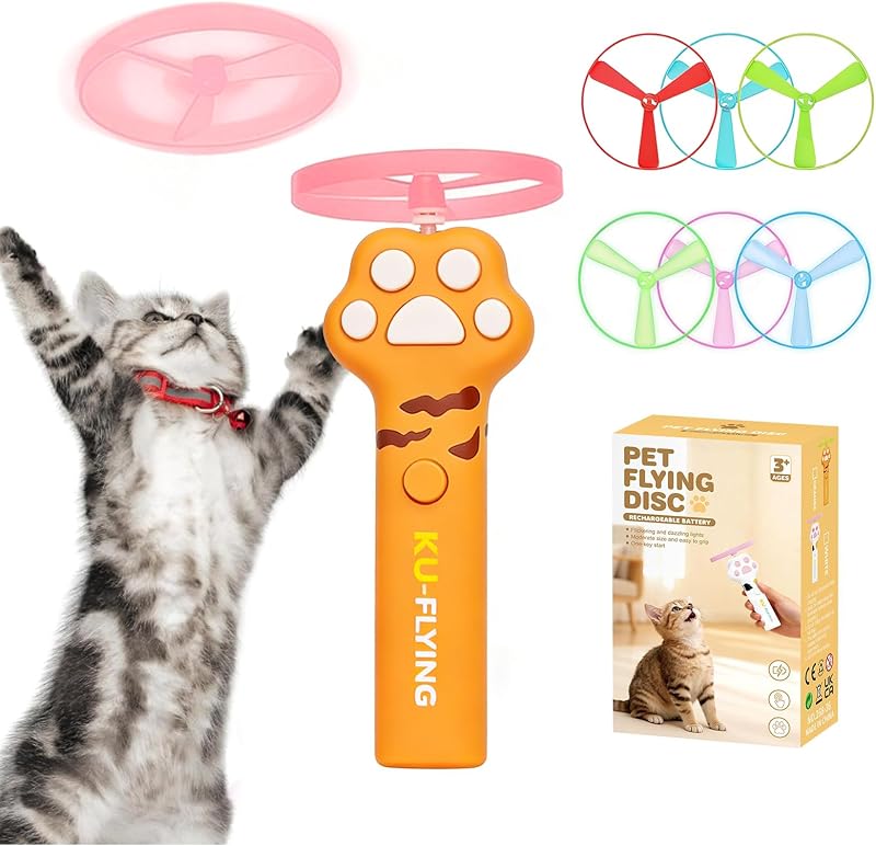Cat Fetch Toy Launcher, Flying Disc Launcher with Rechargeable & 6 Soft Flying Discs (3 Glow), Easy Use Interactive Toys for Indoor Adult Cats & Kittens for Enrichment