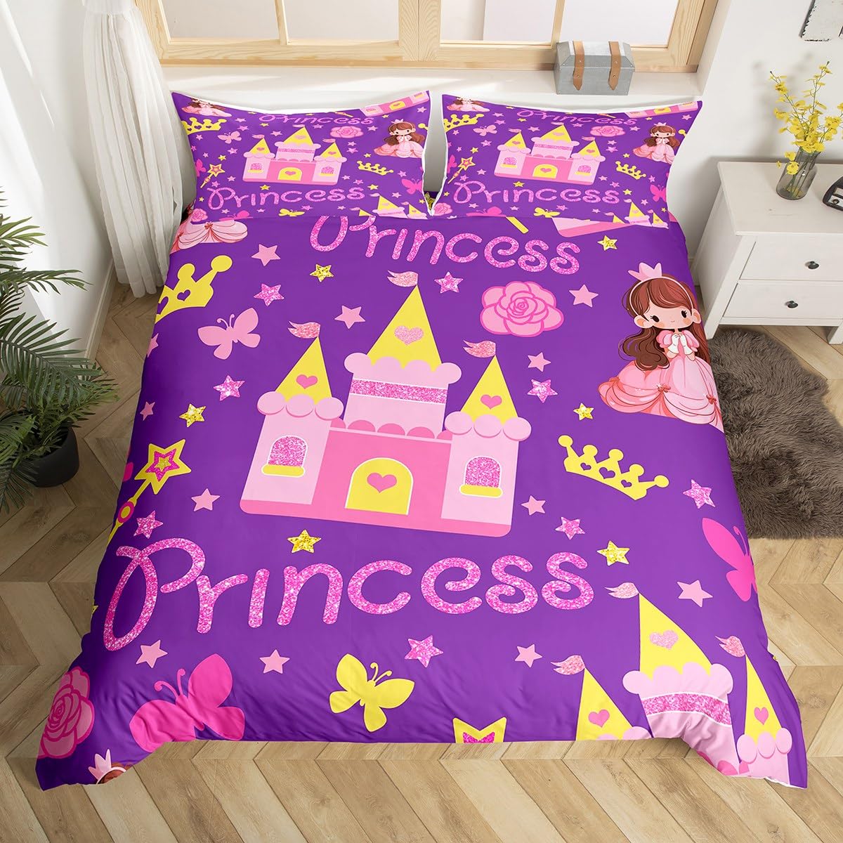 Dreamy Princess Castle Decorations,Butterfly Floral Duvet Cover for All Season,Girls Castle Stars Girls Crown Bedroom Decor Comforter Cover(No Filler) Full Size,3PCS