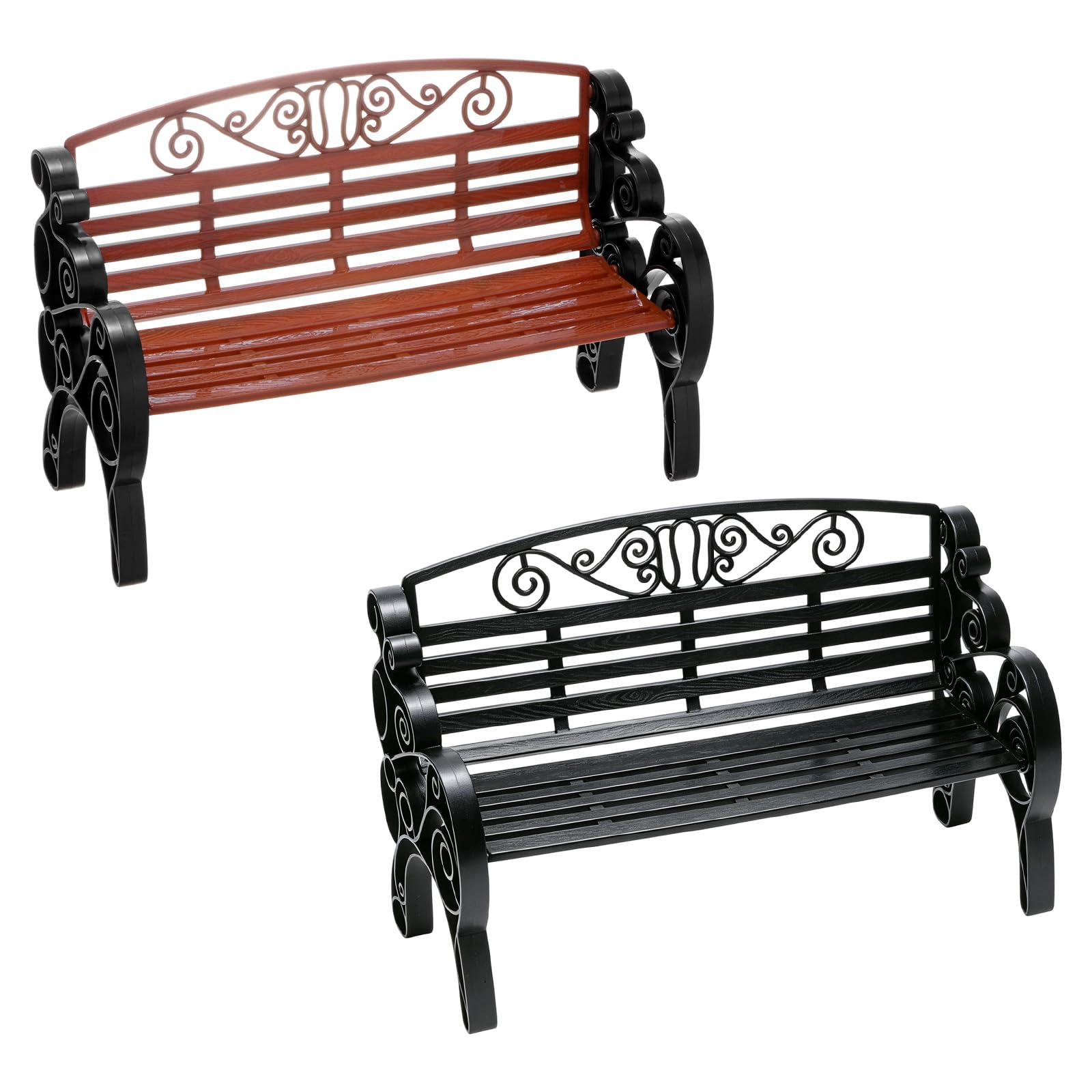 M METERXITY 2-Pack Miniature Park Bench Model, 8.7x3.5x5.5 Inch ABS Mini Garden Chair Furniture for Terrarium/DIY Micro Landscaping/Dollhouse, European Style Figurines [Black, Brown-Black]