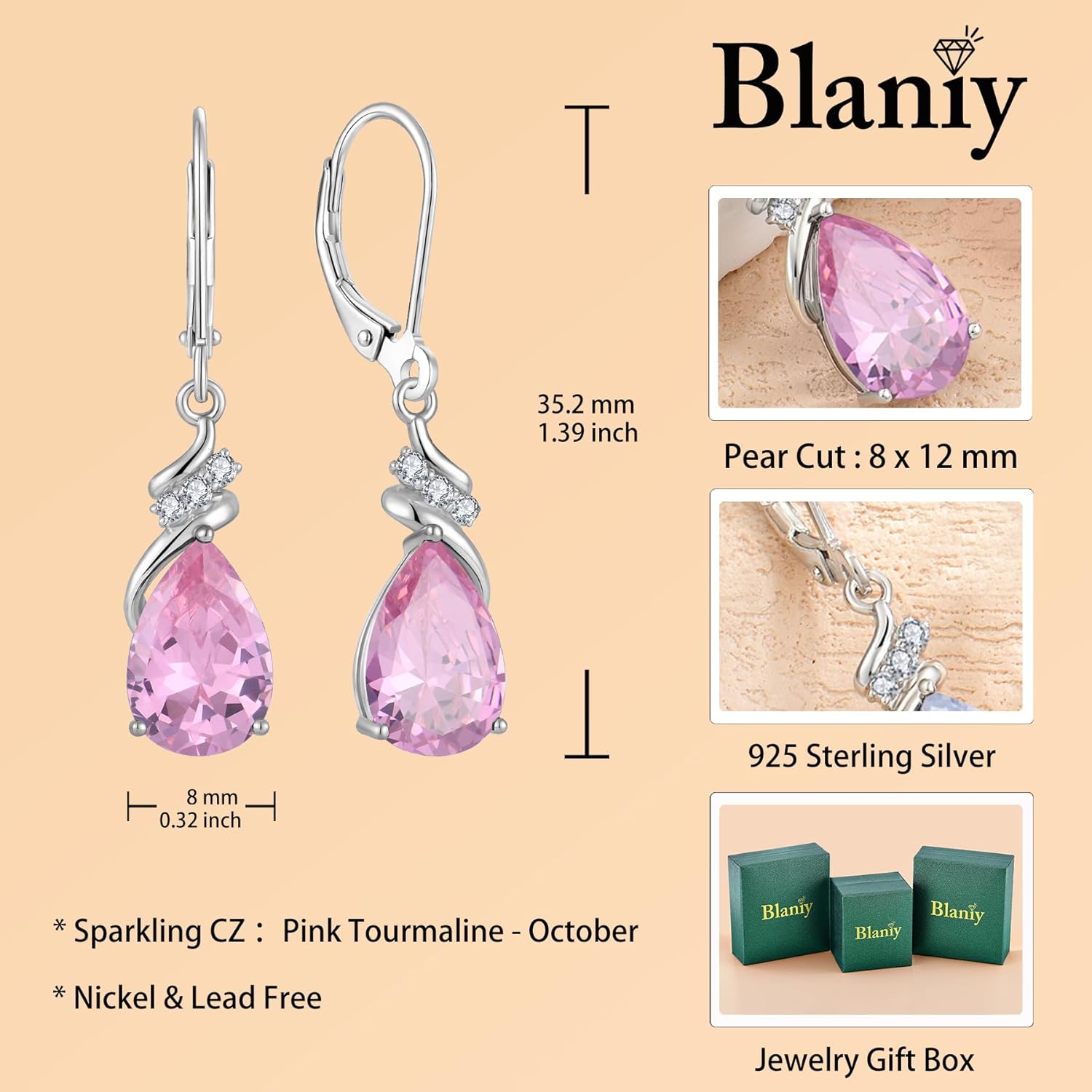 Teardrop Dangle Drop Earrings 925 Sterling Silver Leverback Created Gemstone Earrings Birthstone Jewelry for Women - Image 6