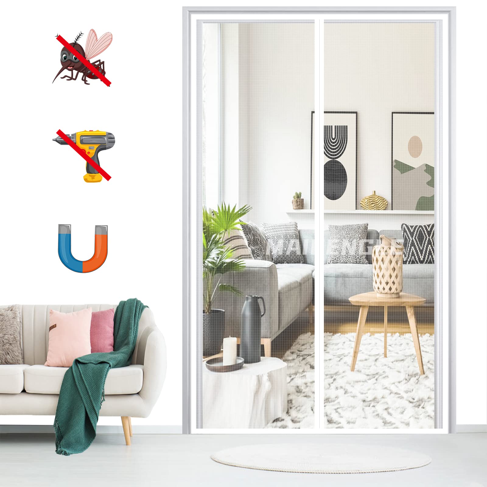 Magnetic Fly Screen Door, Insect Protection Fly Curtain Close Automatically, Easy to Install, for Porch Balcony Living Room-White-B|| 145x205cm(57x80inch)