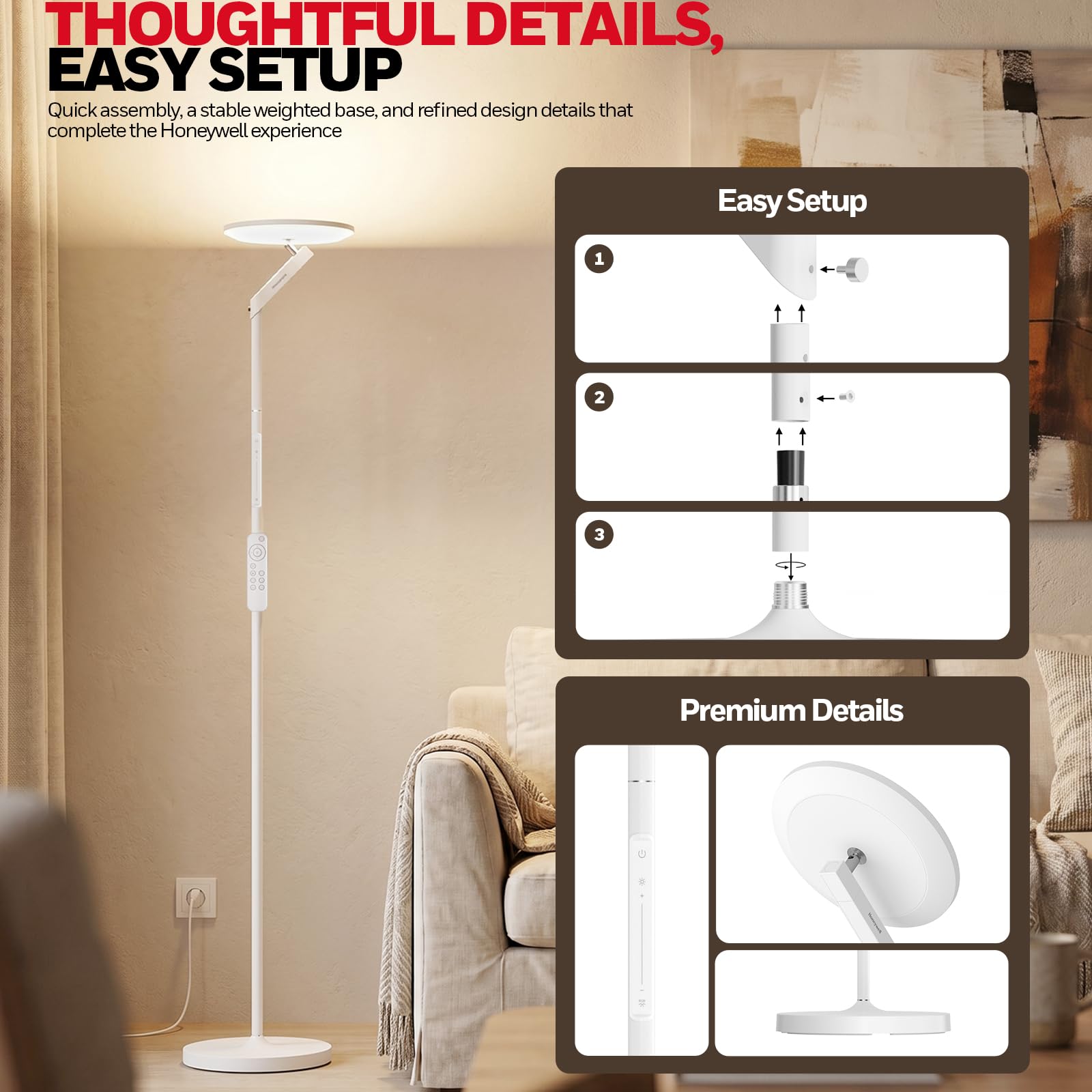 Honeywell Lampada da terra a LED - F2 Sunturalux™ Torchiere con telecomando, 40W/3000LM Max, 2700K-5700K, 7 livelli dimmerabile, 6 modalità RGB per soggiorno, camera
