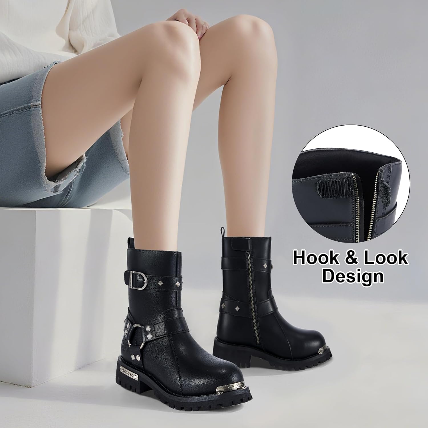 Women's Motorcycle Boots PU Leather Waterproof With Side Zipper For Motorbike Riding Work Outdoor