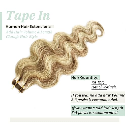 Miniatura 3 de Extensiones de cabello humano Remy rizado con cinta, extensiones de cabello humano #12 marrón dorado a rubio #613 balayage, 1.41 oz20 unidades,