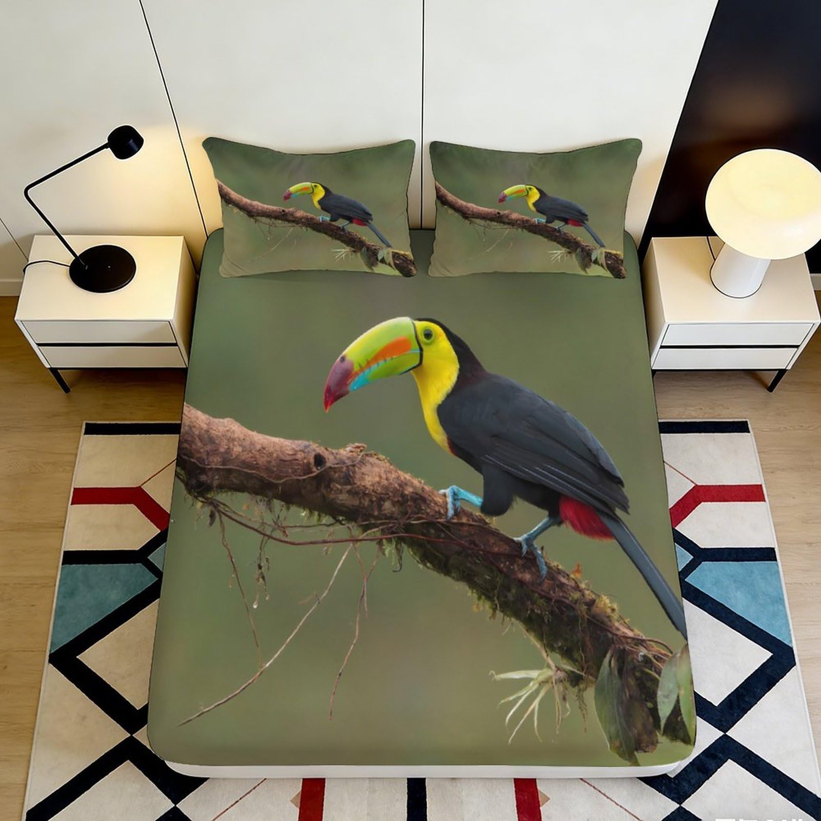 3D Printed Toucan Bird Fitted Sheet Microfiber Soft Breathable Tropical Wildlife Bed Cover for Bedroom Dormitory Guest Room Mattress Protection 120x200x25cm