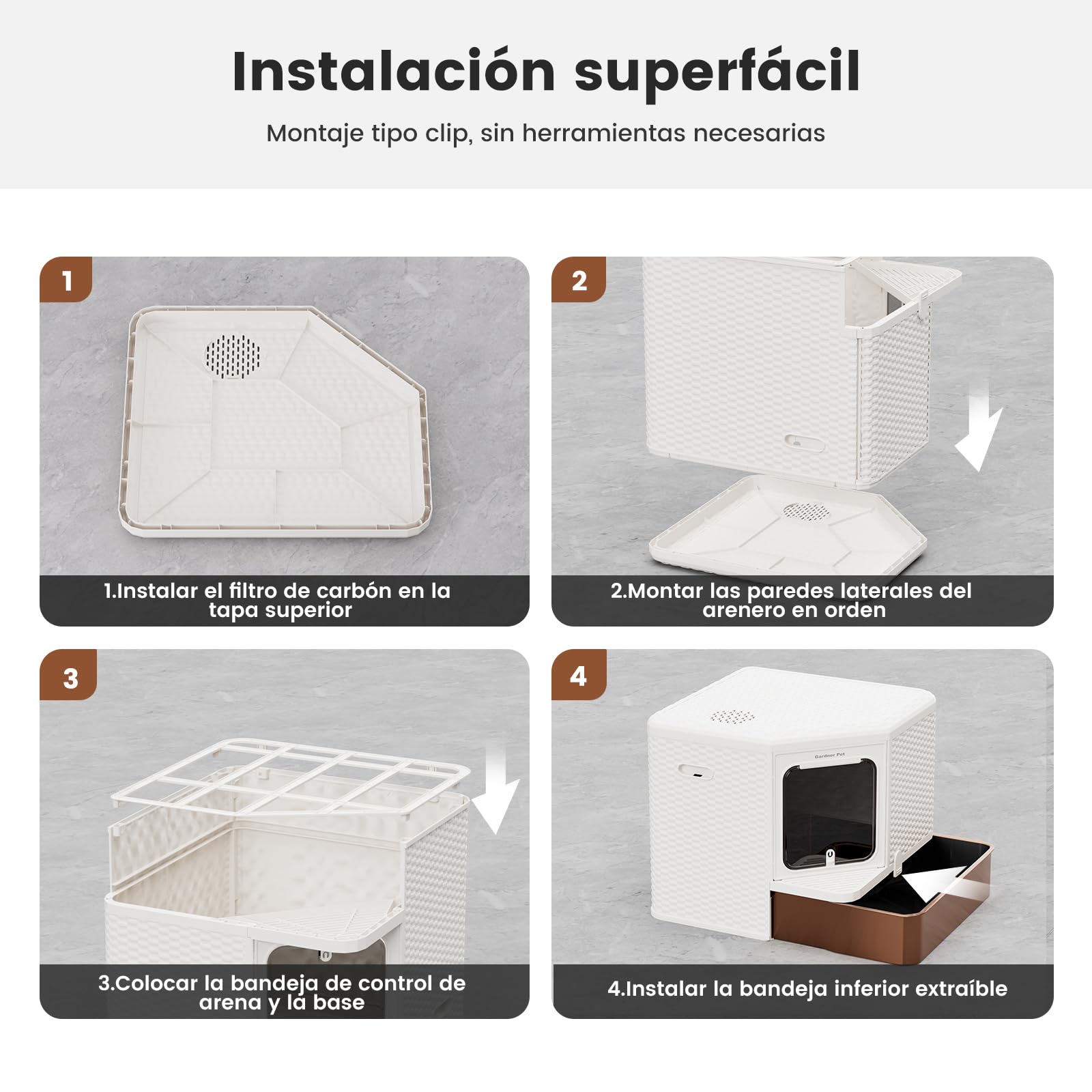 Gardner Pet Arenero Gato Cerrado,Acero Inoxidable 304-Blanco | Fondo Extraíble, Acero Inoxidable 304, Material PP Reciclable, Filtración Anti-Olores, Diseño Estilizado