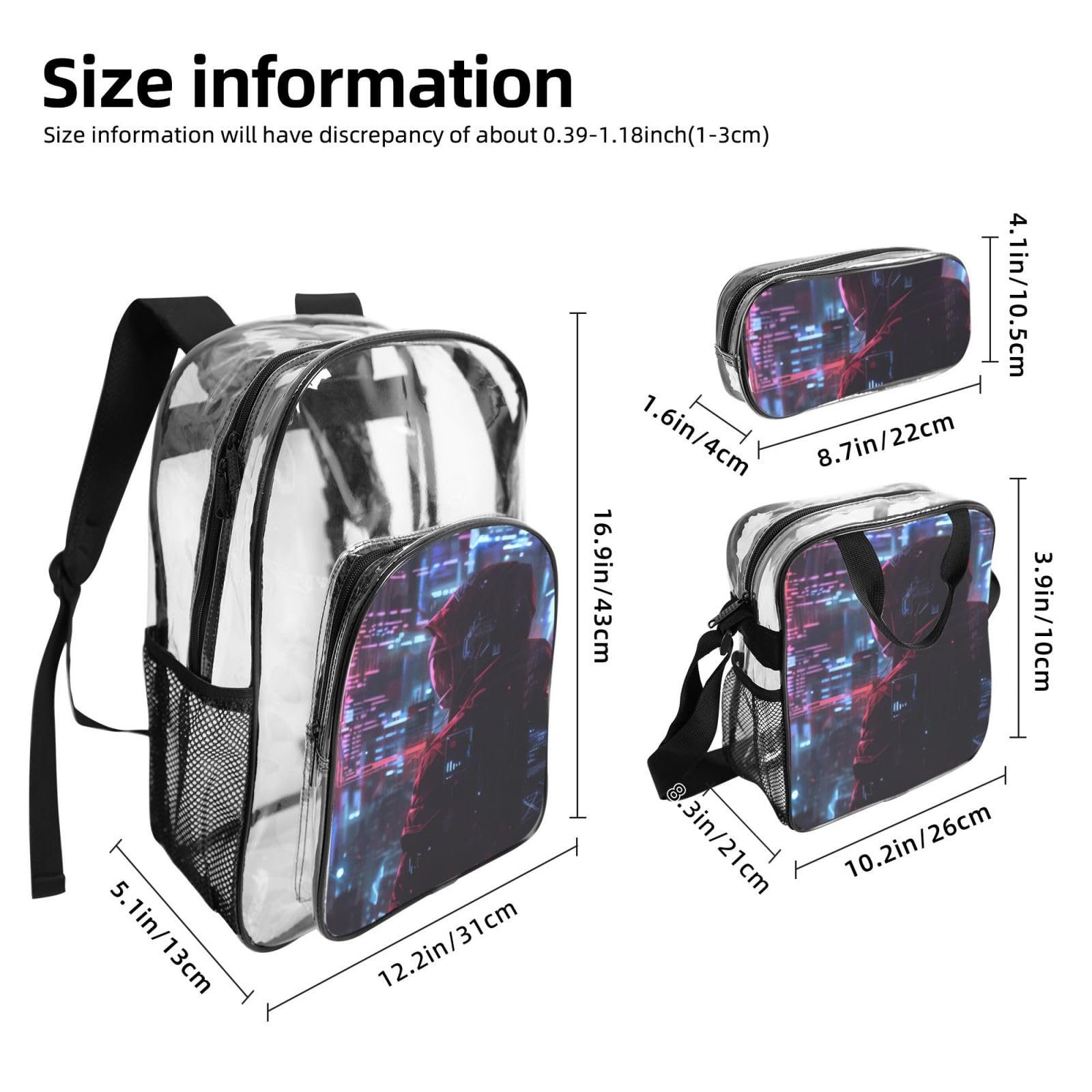 Hacker Era Print 3-teiliges transparentes Rucksack-Set für Reisen, Outdoor-Abenteuer, Urlaub, transparente Tasche