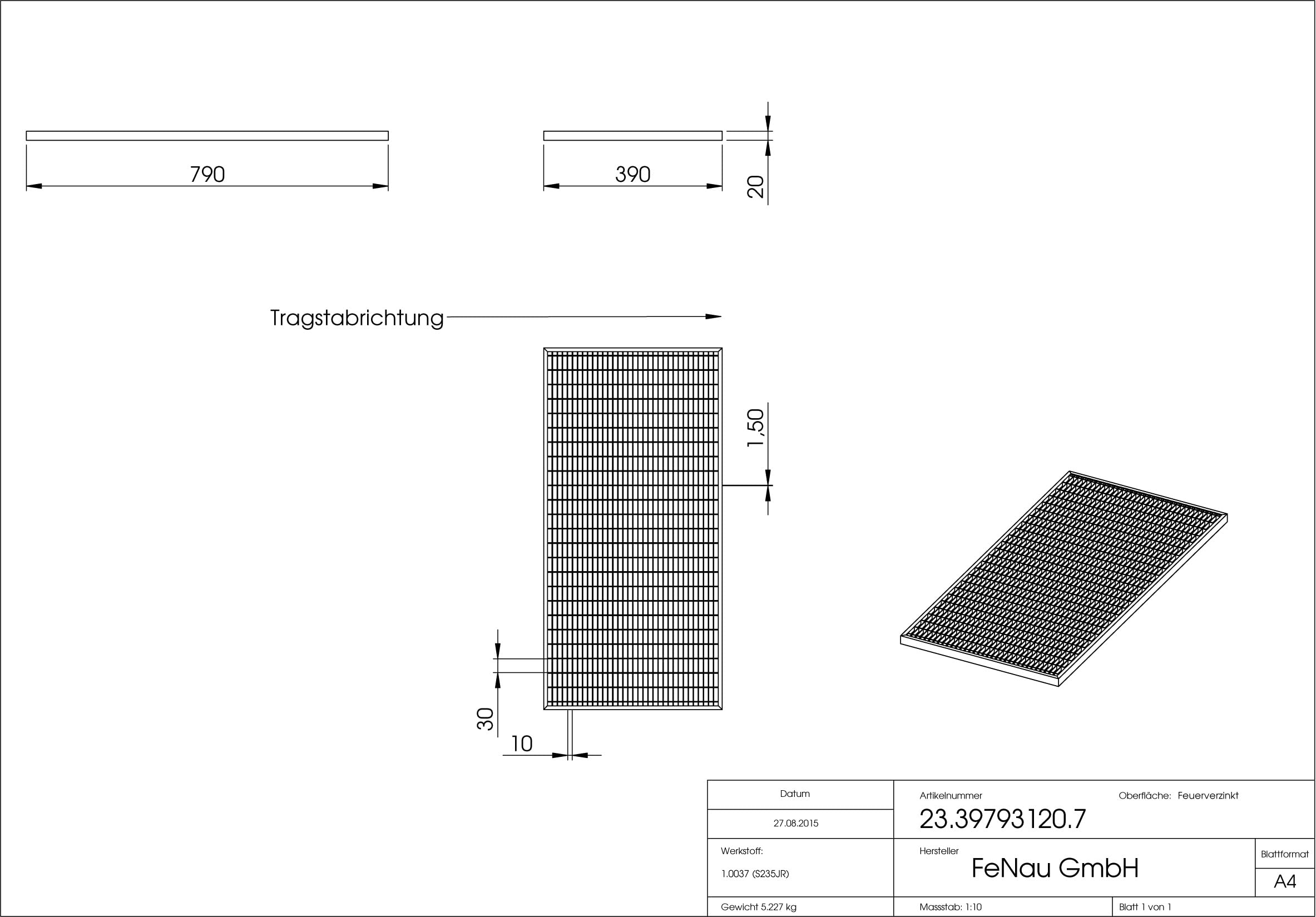Fenau - 390 x 790 x 20 mm - Gitterrost, MW: 30/10 mm, verzinkt, Rost für Zarge: 400 x 800 x 23 mm, Bau-Normrost für Lichtschacht