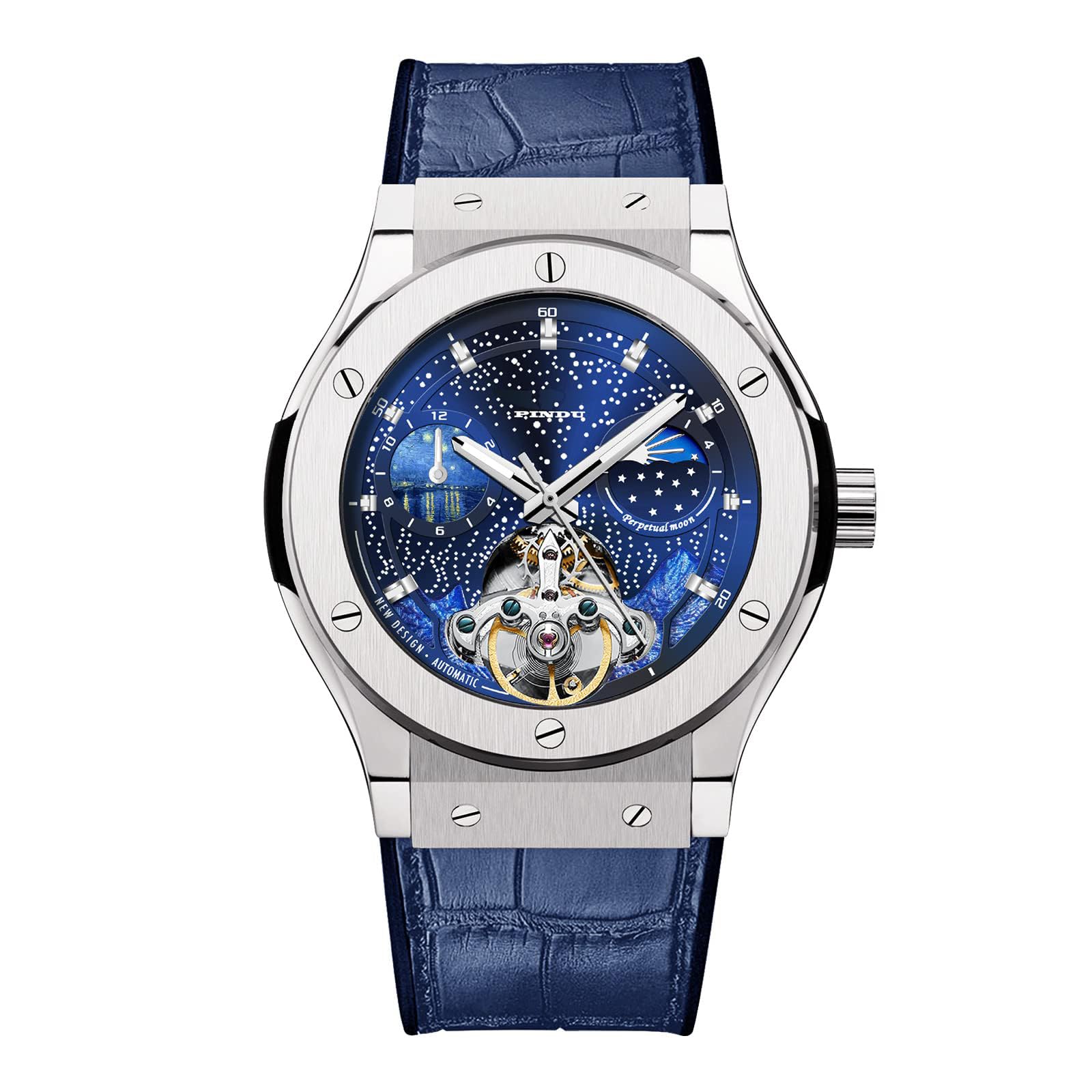 PINDUAutomatic Watches for Men, Skeleton Watches for Men Analog Tourbillon Watch Starry Sky Dial 12-Hour Small Dial Moon Phase Mechanical Watch Blue Leather Strap