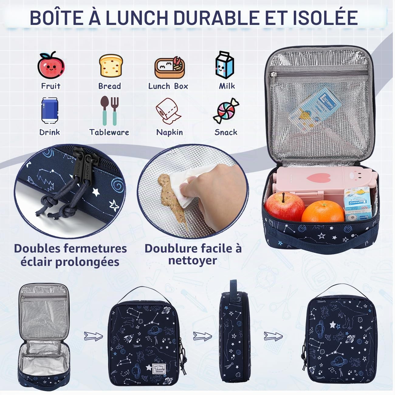 VASCHY Cartable Fille Garçon Primaire, Poches Multiples 2 en 1 Set de Sac à Dos Enfant Scolaire 6 à 9 Ans Grande Capacité Sac d'École avec Sac Repas pour Voyage Randonnée Univers Bleu
