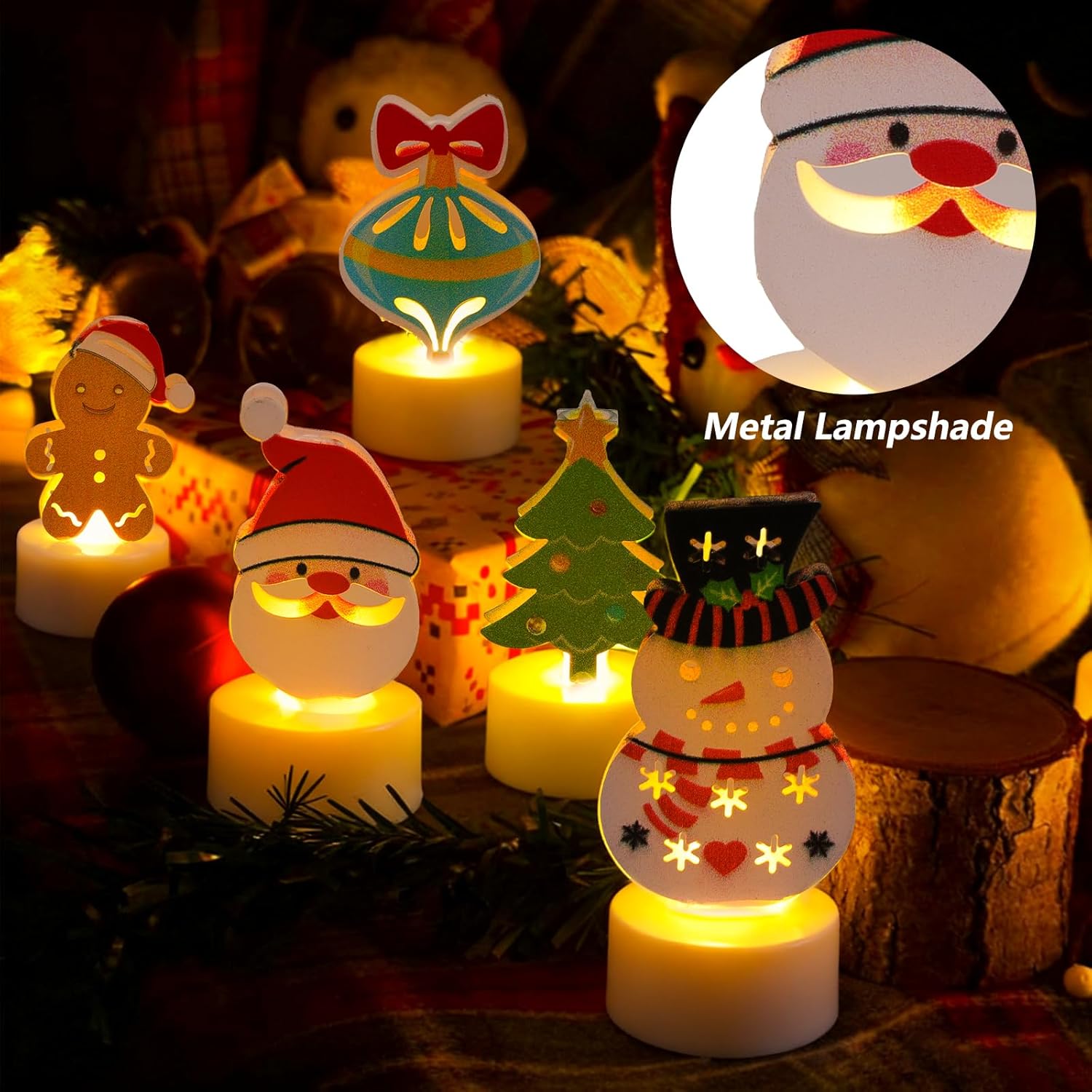 Christmas Tealight Candles, 6PCS Flameless LED Tea Lights with 6 Festive Designs Battery Operated for Holiday Table Centerpiece Decor