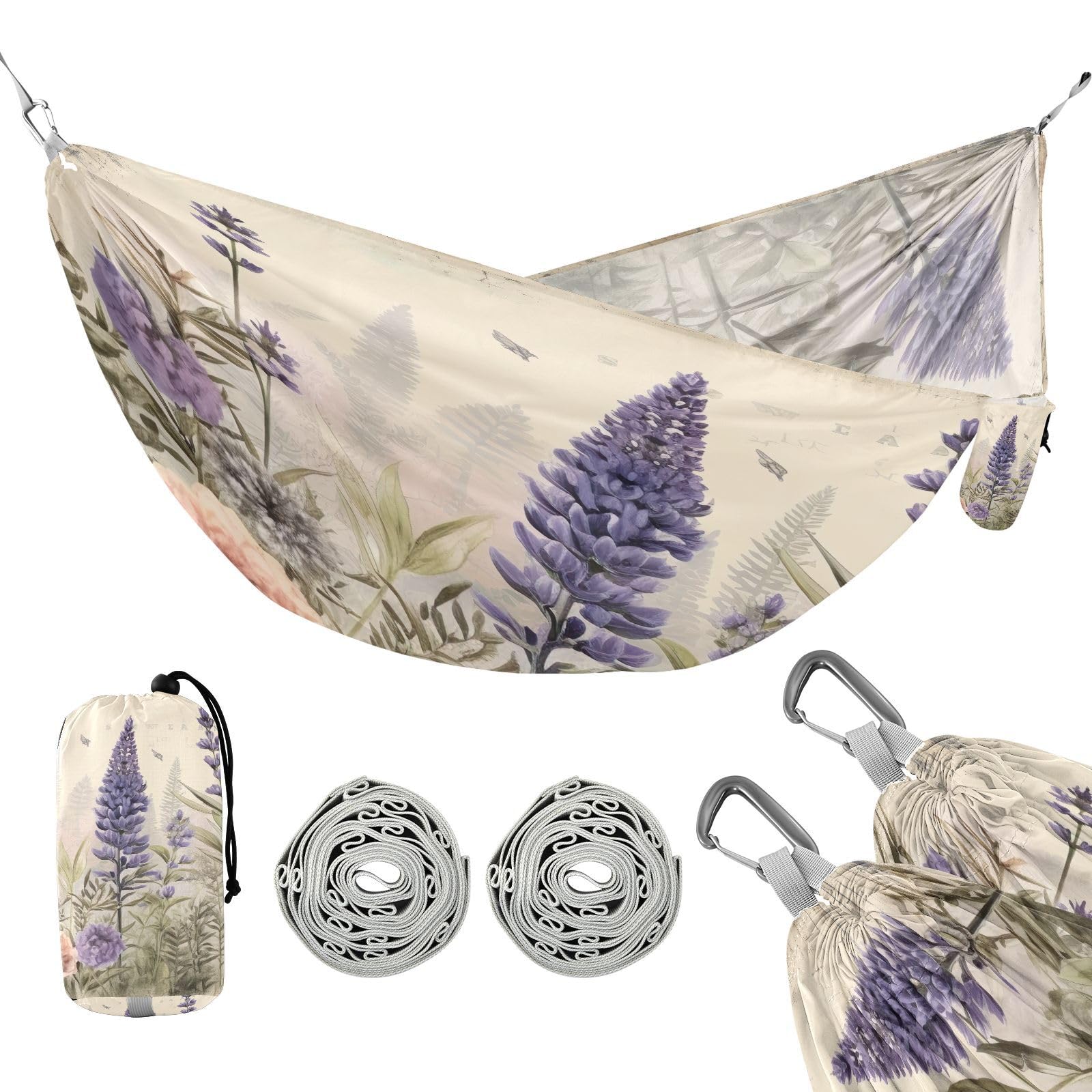 Haskirky Lavender Camping Hammock, Single Portable Hammocks with Tree Straps & Attached Carry Bag, 330Lbs Capacity Perfect for Outside Indoor Hiking Beach Backpack Travel