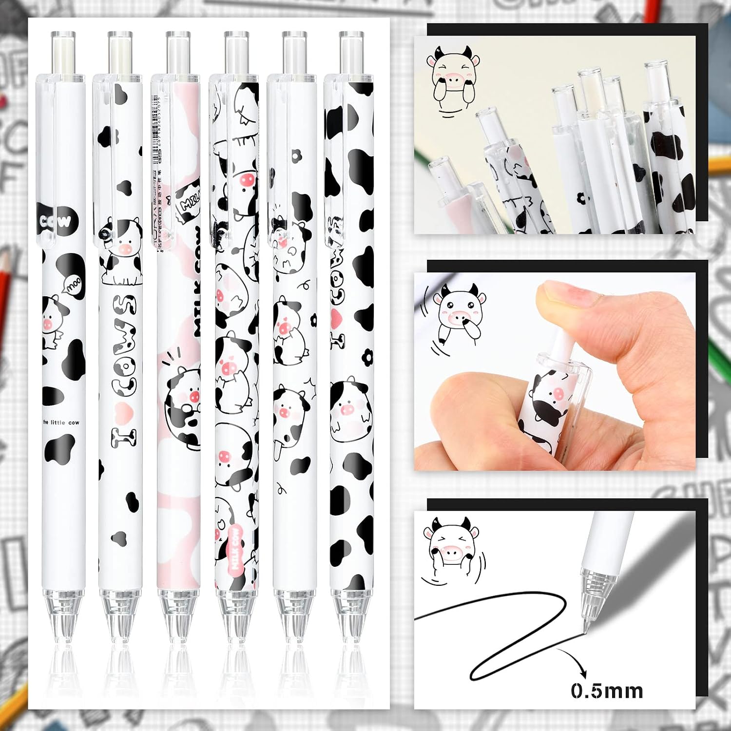Sabary 12 Pcs Cute Cow Print Gel Pens and 6 Packs Sticky Notes with 5 Styles, 0.5mm Black Ink Kawaii Pen Cow Print Stuff for Aesthetic Supplies Party Women Gift Office
