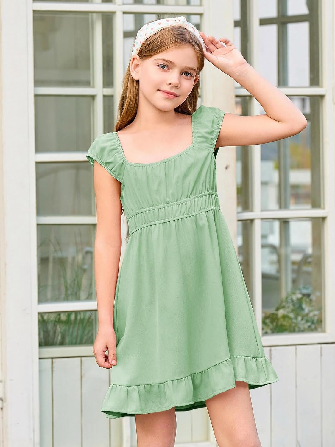 Haloumoning Girls Summer Dresses Kids Cap Sleeve Square Neck Elastic Waist A-Line Flowy Dress 7-14 Years - Image 2
