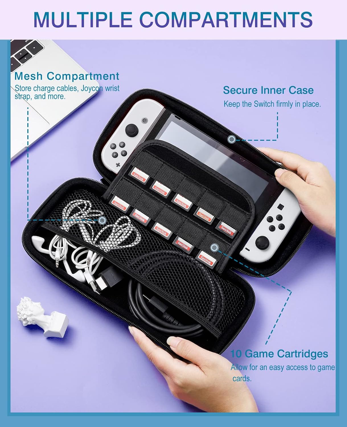 TiMOVO Carrying Case for Nintendo Switch OLED Model 2021 & Switch, Durable Hard Shell Game Storage Handbag Portable Travel Bag PU Pouch with Pocket for 10 Game Cards & Accessories, Watercolor Purple