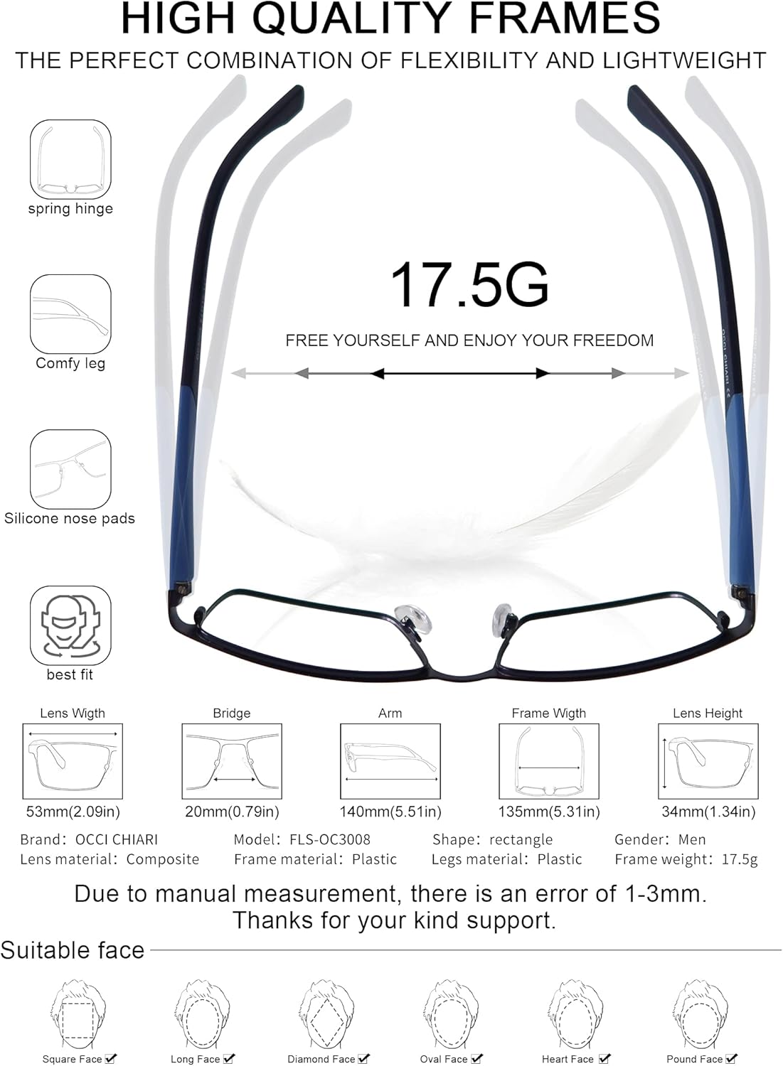 OCCI CHIARI Blue Light Filter Computer Glasses for Mens Rectangle Eyewear Clear Optical Eyeglasses Frame (Blue Black) image 5 of 6 B08QJ9WJDK