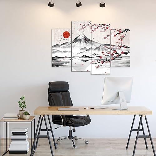 Miniatura 2 de LyerArtork Pintura de tinta japonesa de 4 paneles, arte de pared Fuji con luna, decoración de pared, flor de cerezo, lienzo impreso japonés