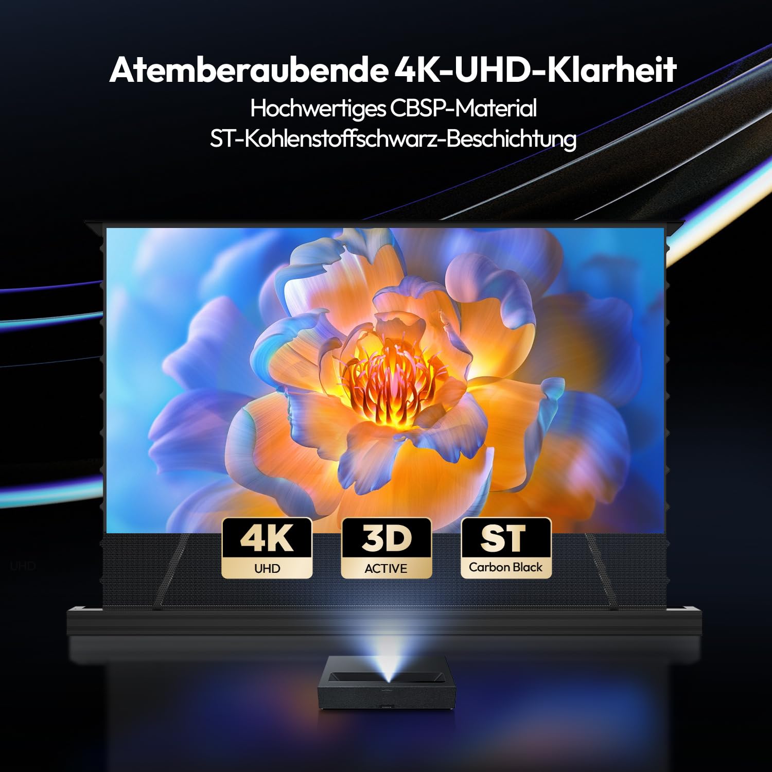 ALR CLR Beamer Leinwand für UST Ultrakurzdistanz-Projektor, motorisiert & elektrisch bodenstehend, 95% Umgebungslicht abweisend, 4K/8K UHD Laser-TV-Leinwand, 100 Zoll, Keine Montage