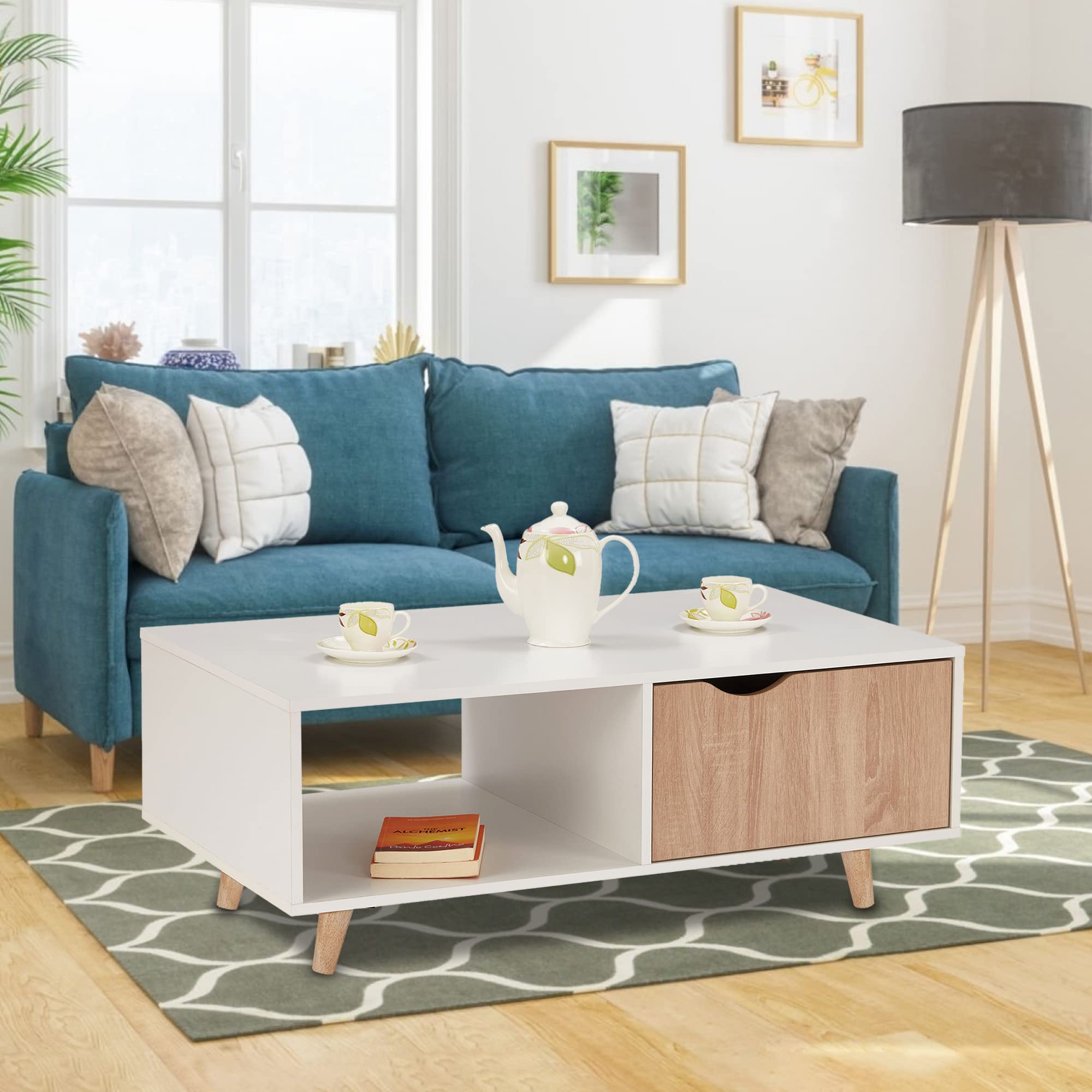 TADesign Artigo-2 Engineered Wood Tea & Coffee Centre Table with 2 Drawers and 1 Storage Shelf (Matte Finish, White & Sonoma Oak Color)