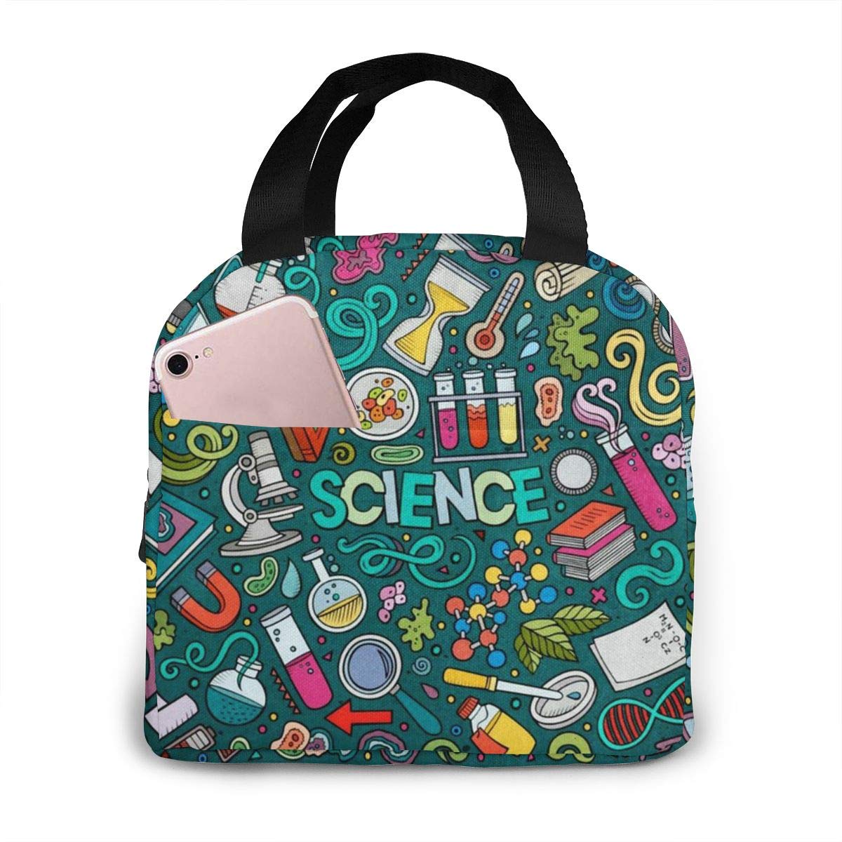 Cartoon Science Theme Insulated Neoprene Lunch Bag For Women, Men And Kids, Lunch Tote For Work And School