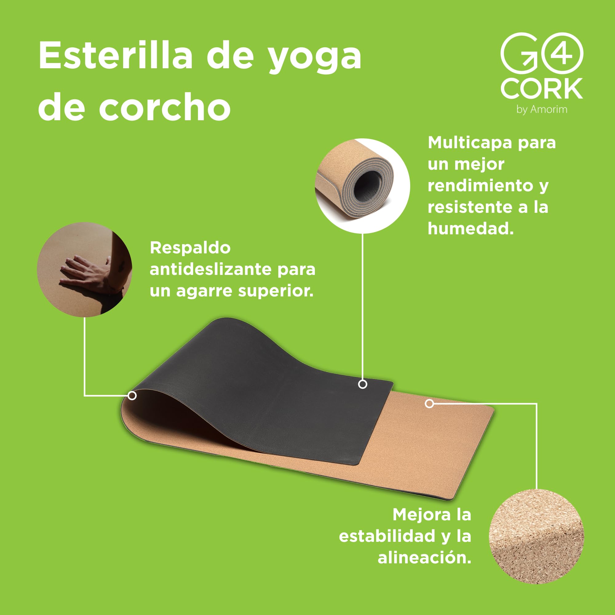 Esterilla de yoga de corcho esencial antideslizante Go4Cork 65×12 cm | Esterilla de yoga ecológica | Accesorios ligeros y compactos para gimnasio en casa, ejercicios de pilates | Negro/natural