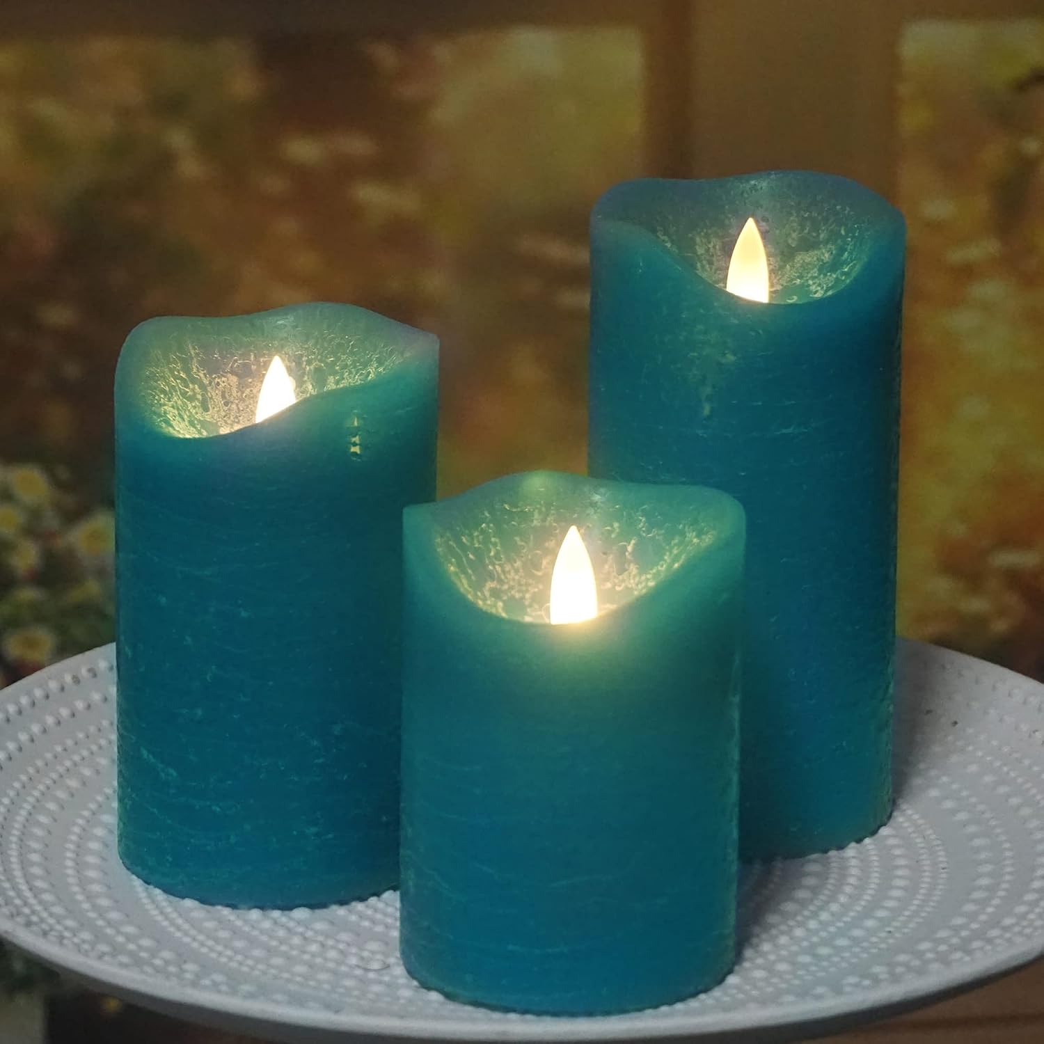 CANDLE CHOICE Battery Operated Flameless Candles with Timer Real Wax Realistic Flickering Electric LED Pillars Automatic Built-in Daily Cycle Timer 6-Hour on 18-Hour Off Set of 3 Rustic Texture Teal
