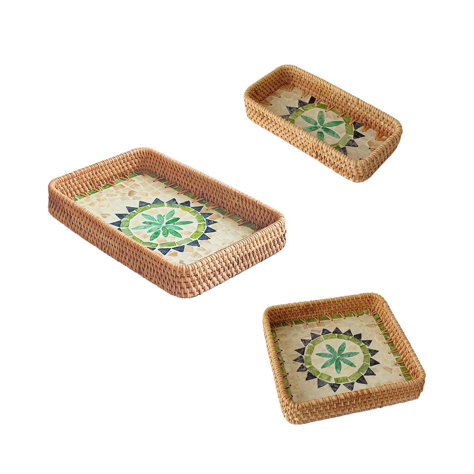 Bandeja decorativa de mimbre tejida a mano de 3 piezas para mesa de café, bandeja de almacenamiento decorativa para fiestas, té de la tarde (C)