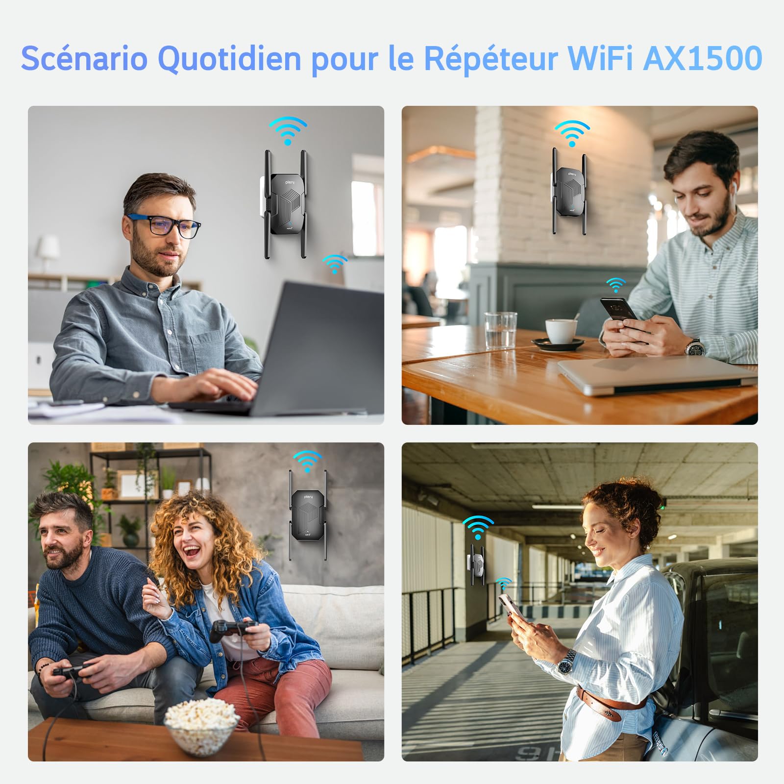 Repeteur WiFi Amplificateur WiFi Puissant Répéteur WiFi 6 AX1500 Double Bande 2.4G et 5G avec Port Ethernet, WPS, WPA3, 4 Antennes WiFi Repeater Compatible avec Toutes Les Box Internet