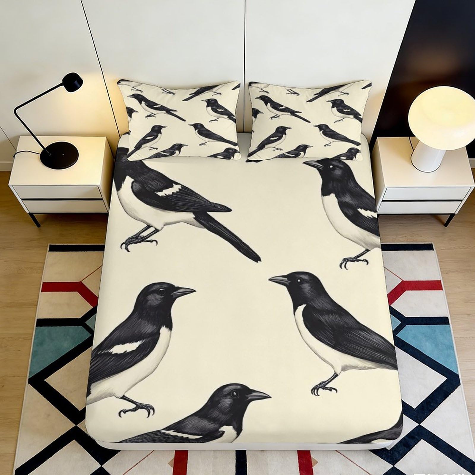 3D Printed Magpie Bird Pattern Fitted Sheet Microfiber Soft Beige Mattress Cover for Bedroom Guest Room Decor 120x200cm 120x200x25cm