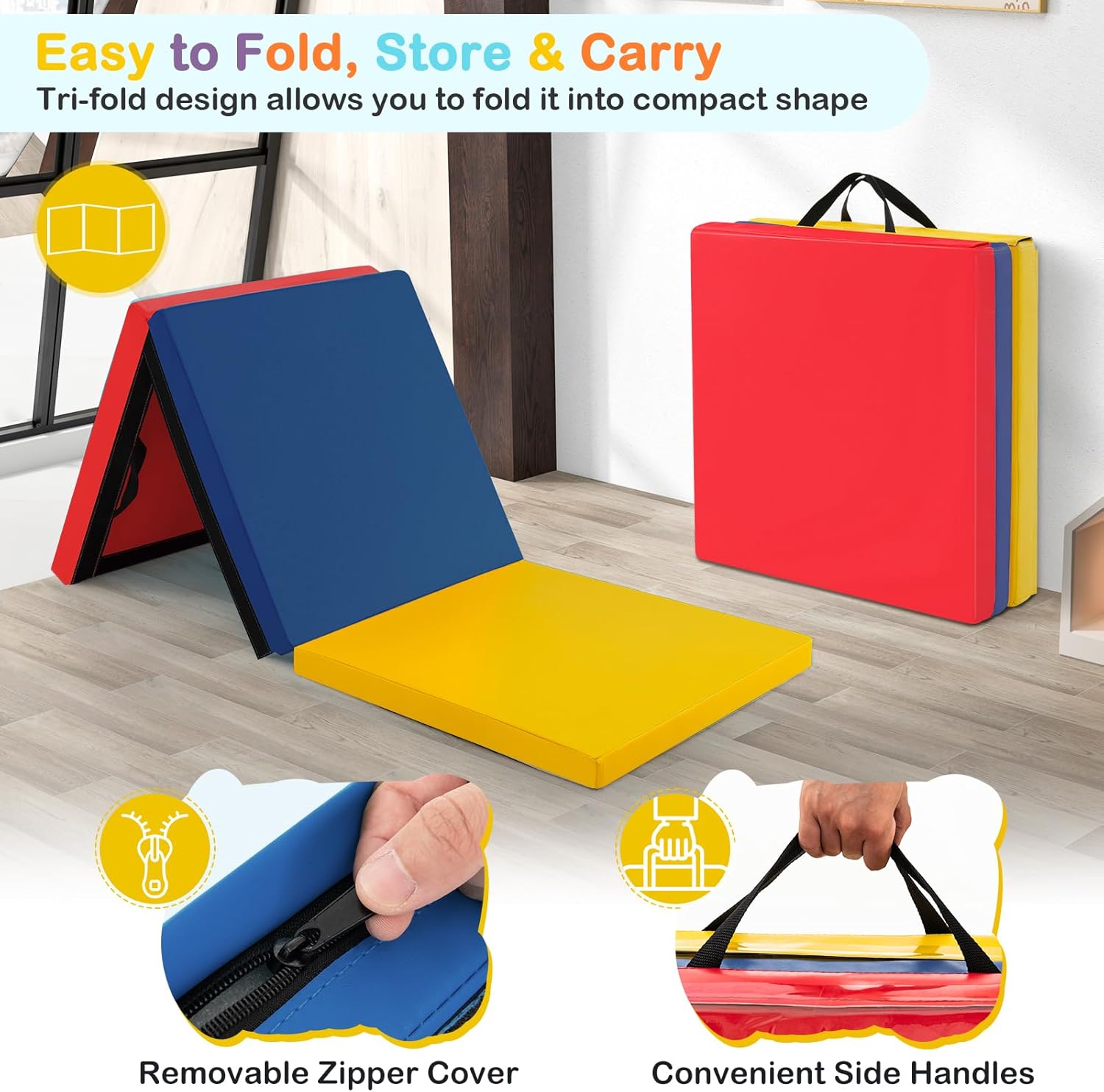 GYMAX Folding Gymnastics Mat, Tri-fold 6’ x 2’ x 2” Exercise Mat with Carrying Handles, Waterproof PU Leather, Hook & Loop Fasteners, Portable Lightweight Tumbling Mat for Yoga Home Gym Fitness