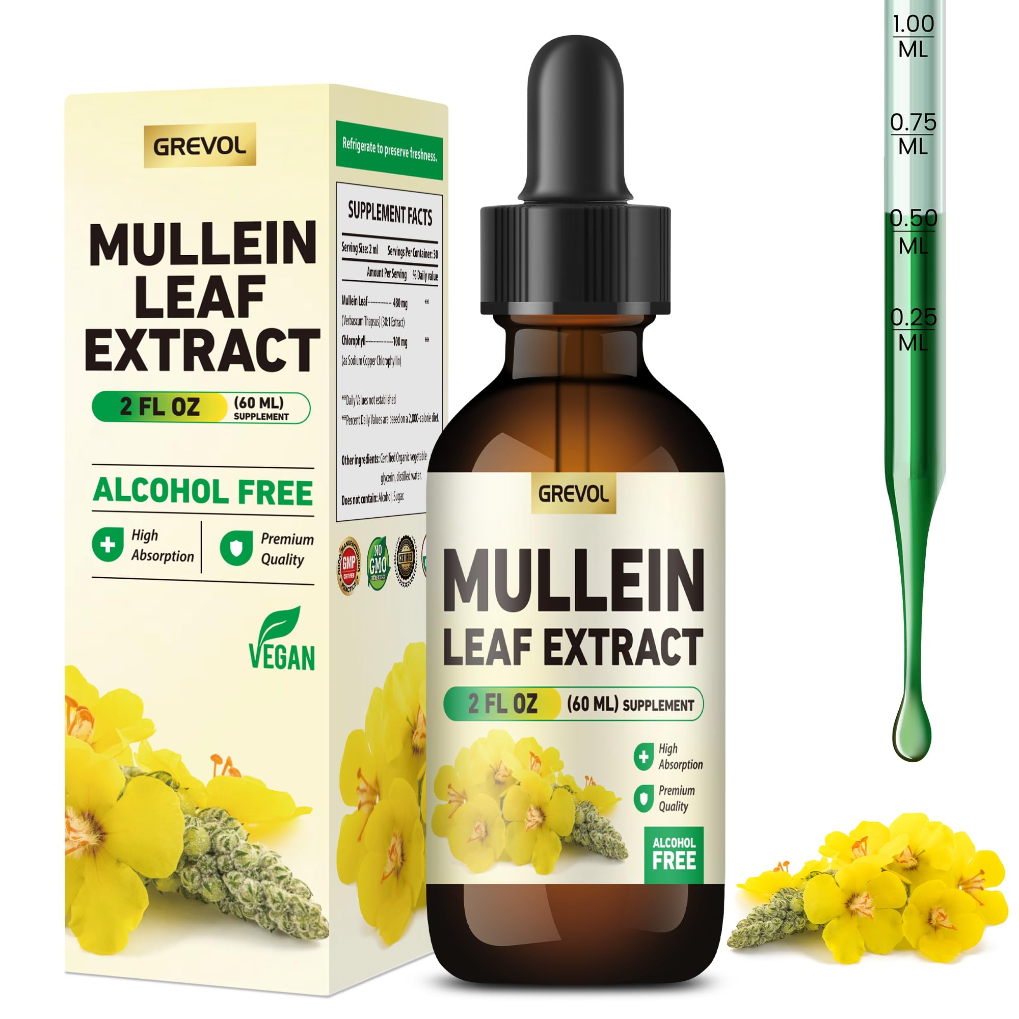 Mullein Drops for Lungs, Organic Mullein Leaf Extract for Lungs Detox with Chlorophyll Herbal Supplement, Mullein Tincture for Respiratory& Immune Support, Non-GMO Vegan, 2 Fl Oz