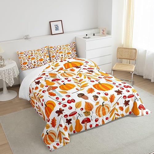 Miniatura 4 de Erosebridal Juego de edredón de otoño con diseño de hojas de arce y calabaza, tamaño King, juego de ropa de cama para temporada de otoño, con