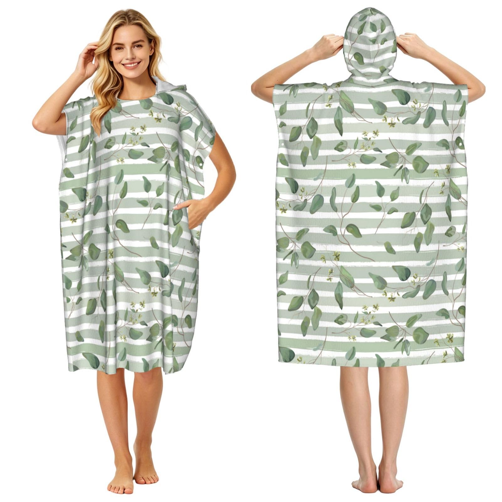 Poadnly Green Silver Dollar Eucalyptus, Adult Hooded Beach Towel 90 x 110 cm,Changing Bath Robe, Surf Poncho Towel For Women Men
