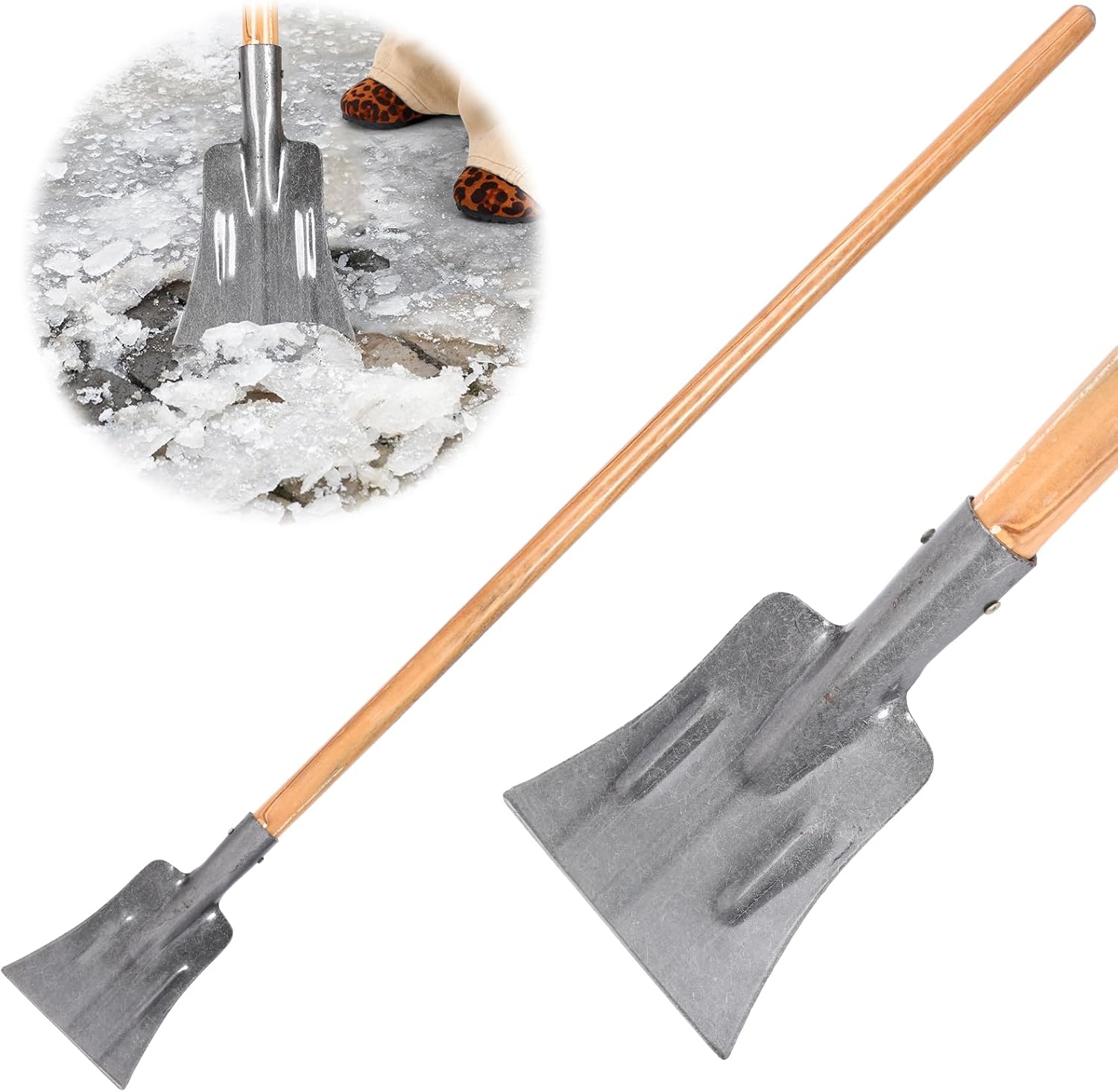 Lasnten 1 Pcs 59 Inch Heavy Duty Ice Chopper with Wooden Handle Steel Blade Floor Scraper Ice Snow Removal Tool Garden Shovel for Driveways Sidewalks Walkway Outdoor Road
