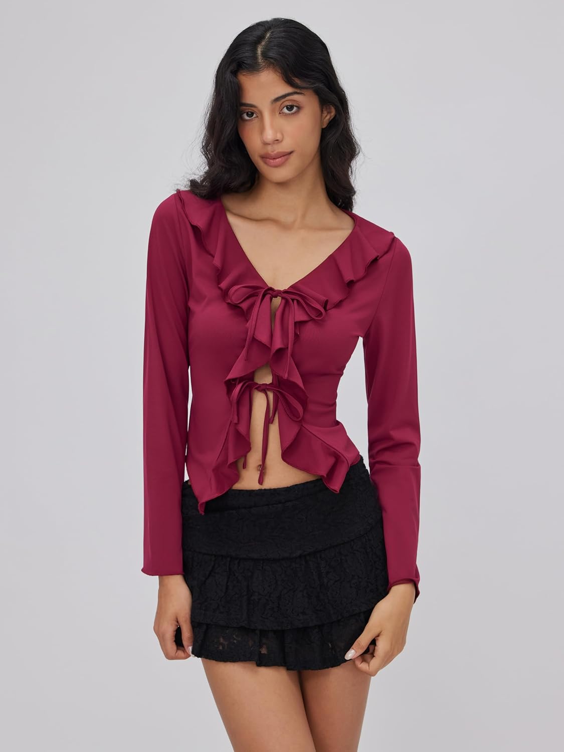 CIDER Womens Going Out Tops Long Sleeve V Neck Ruffle Tie Front T Shirts Tops - Image 2