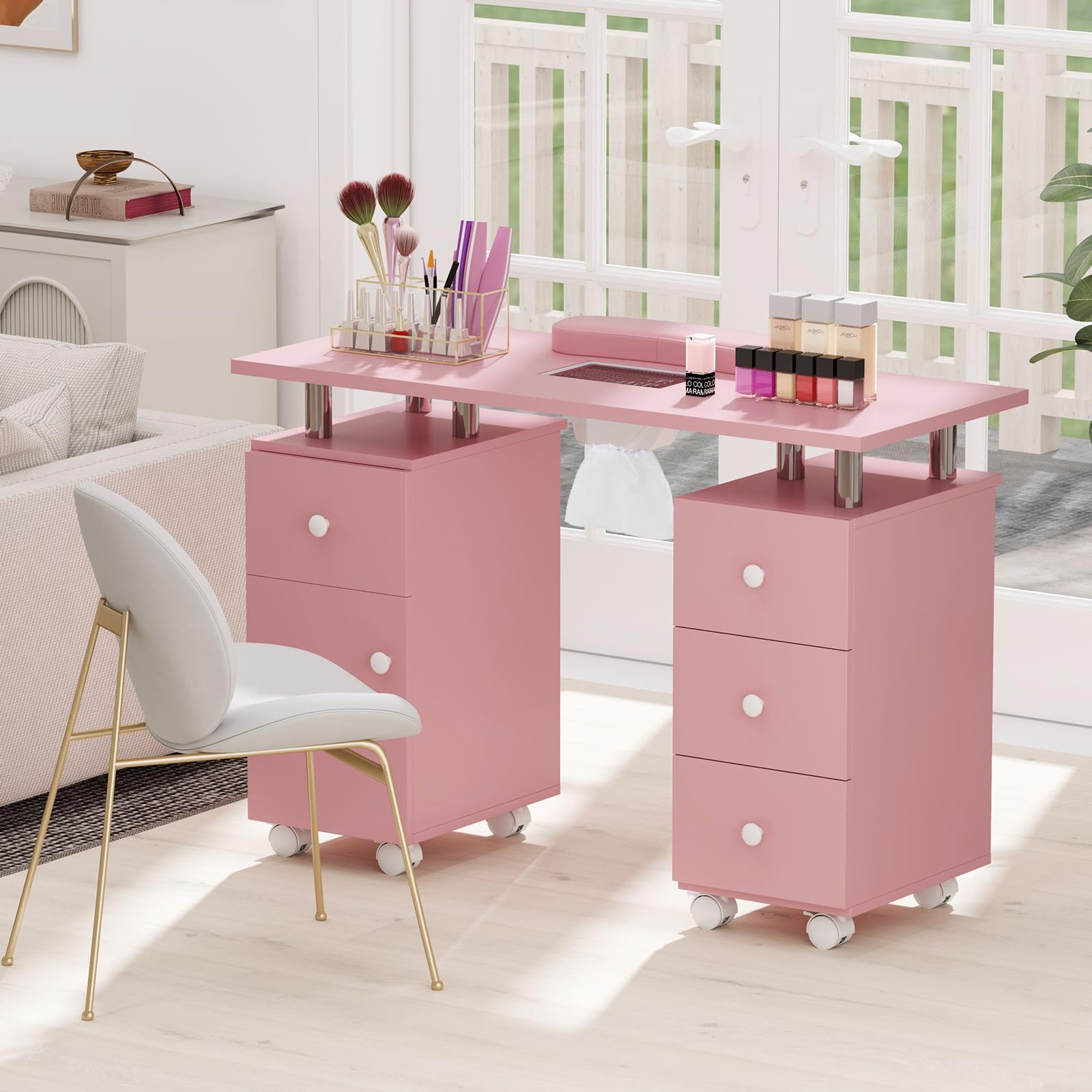 COSTWAY Mesa de Manicura con Aspirador Eléctrico, 3 Bolsas para Polvo, Reposamuñecas, 6 Cajones, Mesa para Uñas con 8 Ruedas, Mesa Manicura Profesional para Salones de Belleza, 108x45x76 cm (Rosa)