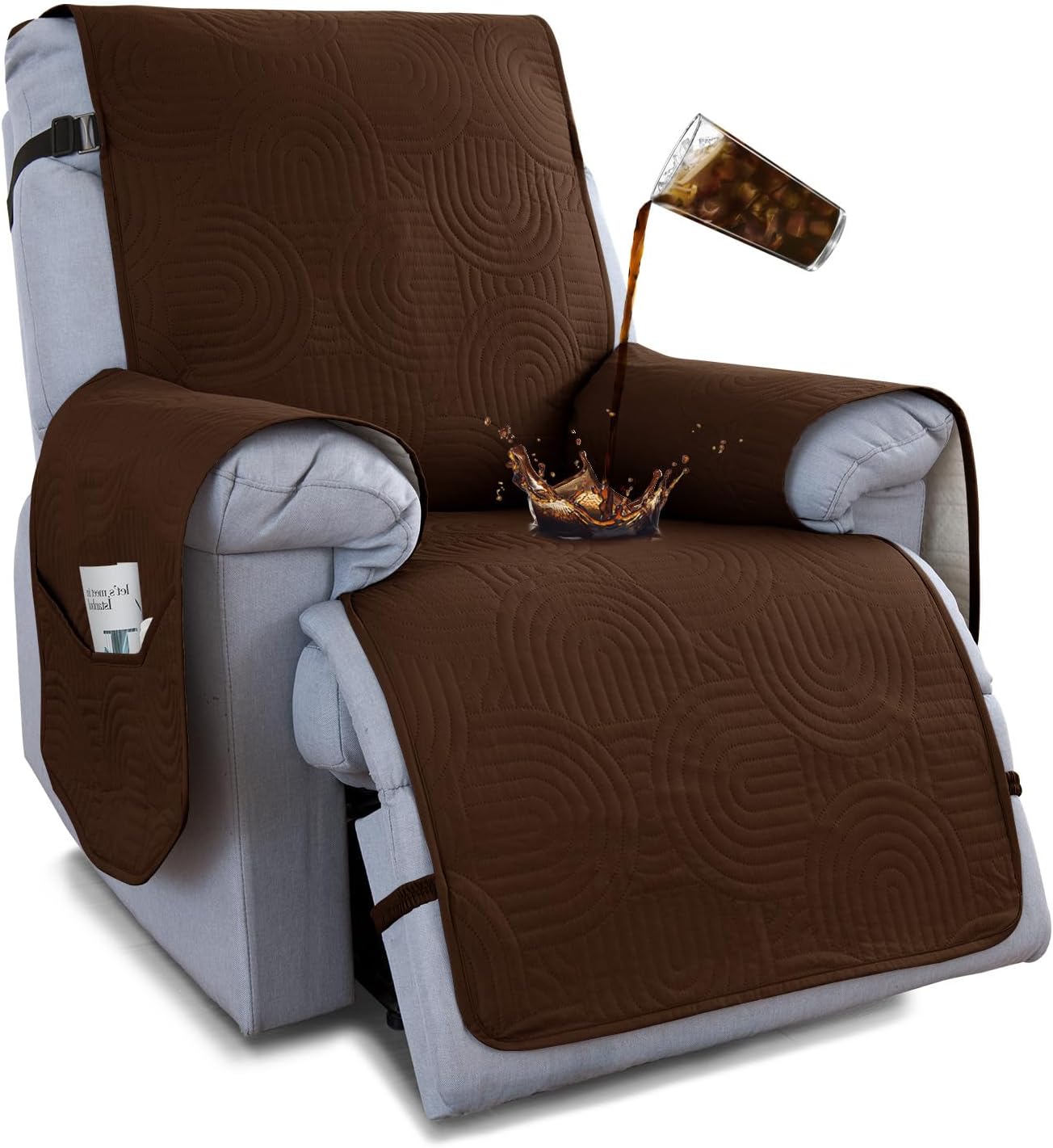 100% Waterproof Recliner Chair Cover,Non Slip Covers for Recliner Chair Washable Dog Chair Cover Furniture Protector with Pocket, Elastic Straps for Kids, Dogs, Pets (Brown, 23.6'')