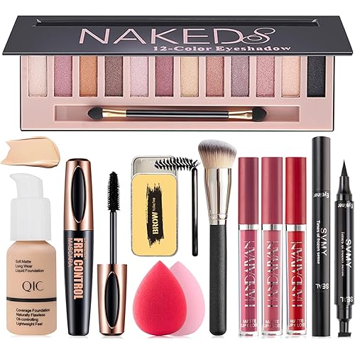 All in One Makeup Kit, Makeup Kit for Women Full Kit, Travel Make Up Gift Set for Women Teens Girls, Includes Eyeshadow, Foundation, Lipstick Set, Eyebrow Soap, Eyeliner Stamp, Mascara, Brush, Sponge