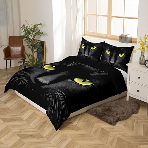 Miniatura 3 de Erosebridal Juego de funda de edredón de animales tamaño Queen con estampado de gatos y gatos negros con ojos amarillos para niñas y niños,