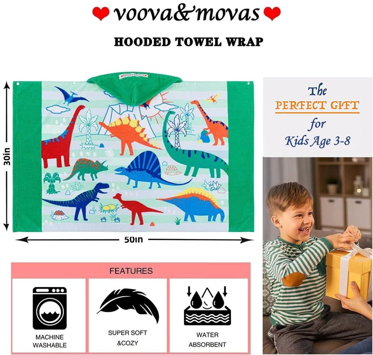 VOOVA & MOVAS Toalla de dinosaurio para niños de 3 a 8 años, 100 % algodón