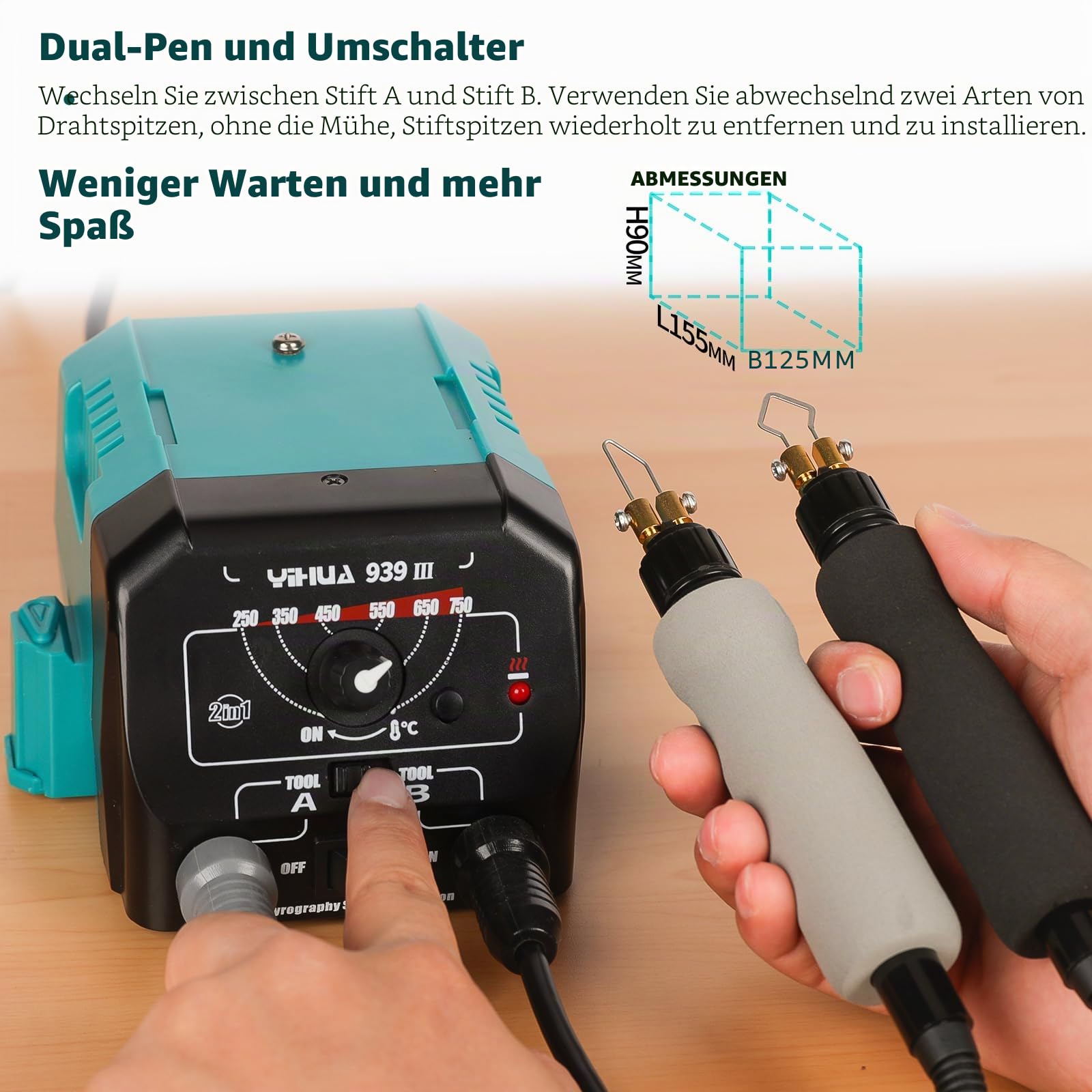 YIHUA 939-III Brandmalerei-Werkzeugset Holzbrennstation mit 2 Brandmalkolben-Stiften (Drahtspitzen-Typ) mit 20 Holzbrennspitzen 2 Brandmalerei-Holzstücken (EU PLUG)