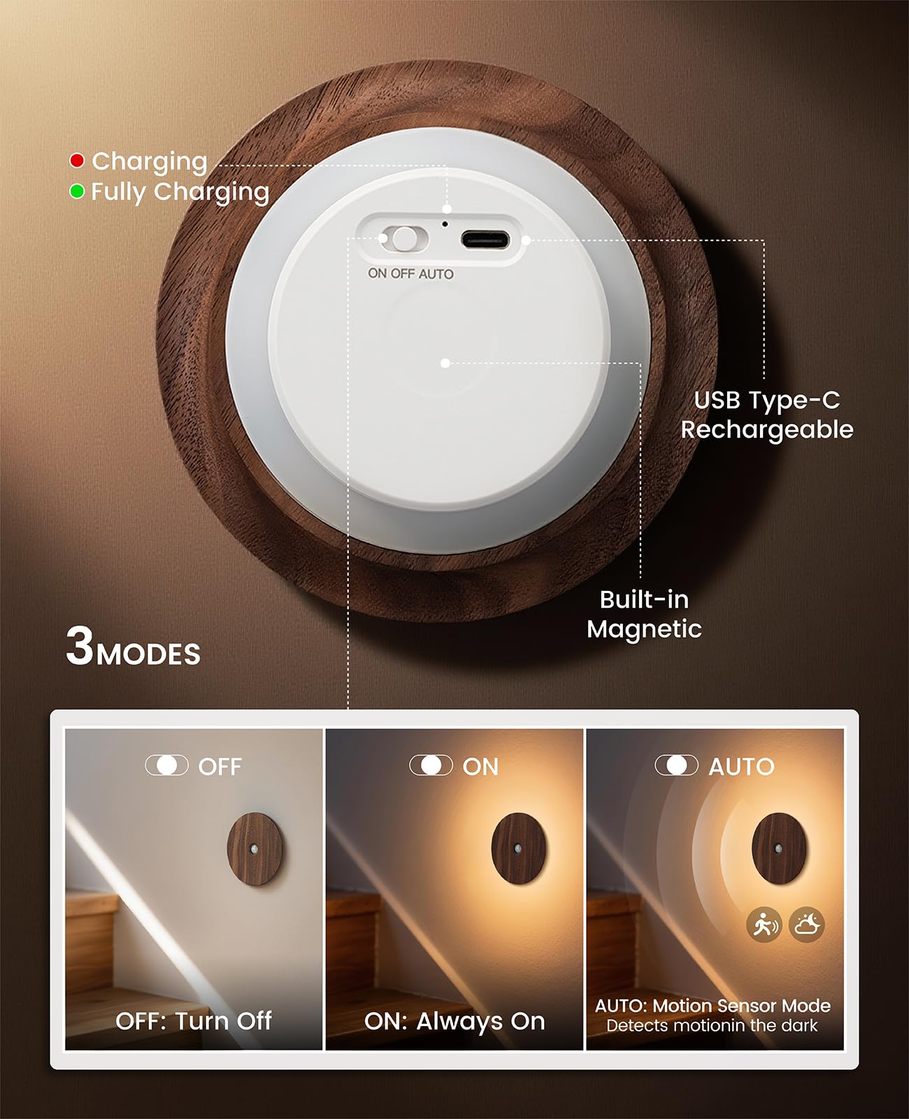 Vadifula Motion Sensor Night Light Wood Rechargeable Battery Powered Stick-On Step Lights Magnetic Closet Warm Nightlight for Hallway — view 3